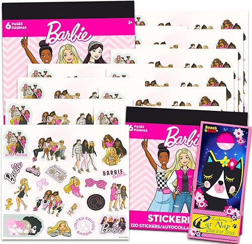 Barbie - Juego de calcomanías para niñas, paquete con 12 hojas de calcomanías de Barbie para recuerdos de fiesta y colgador de puerta, suministros