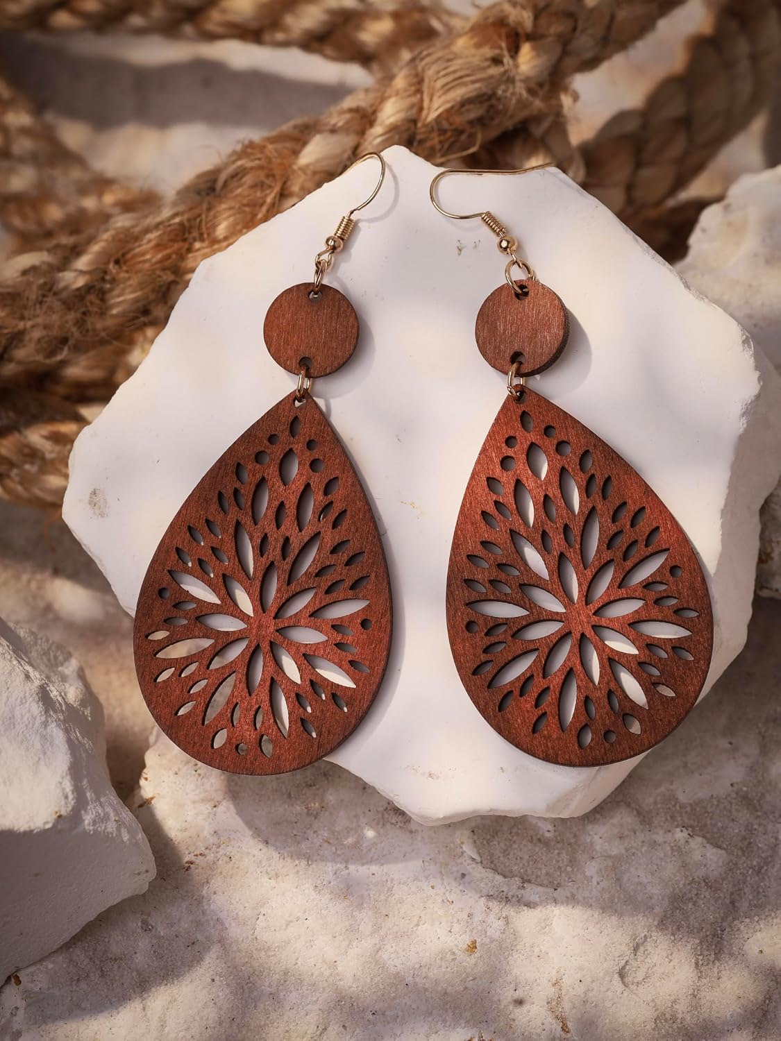 MINACHI Bohemian Hollow Cut-Out Wood Leather Dangle Drop Earrings, Boho Chic Hippie Statement Jewelry Gift for Women image 4