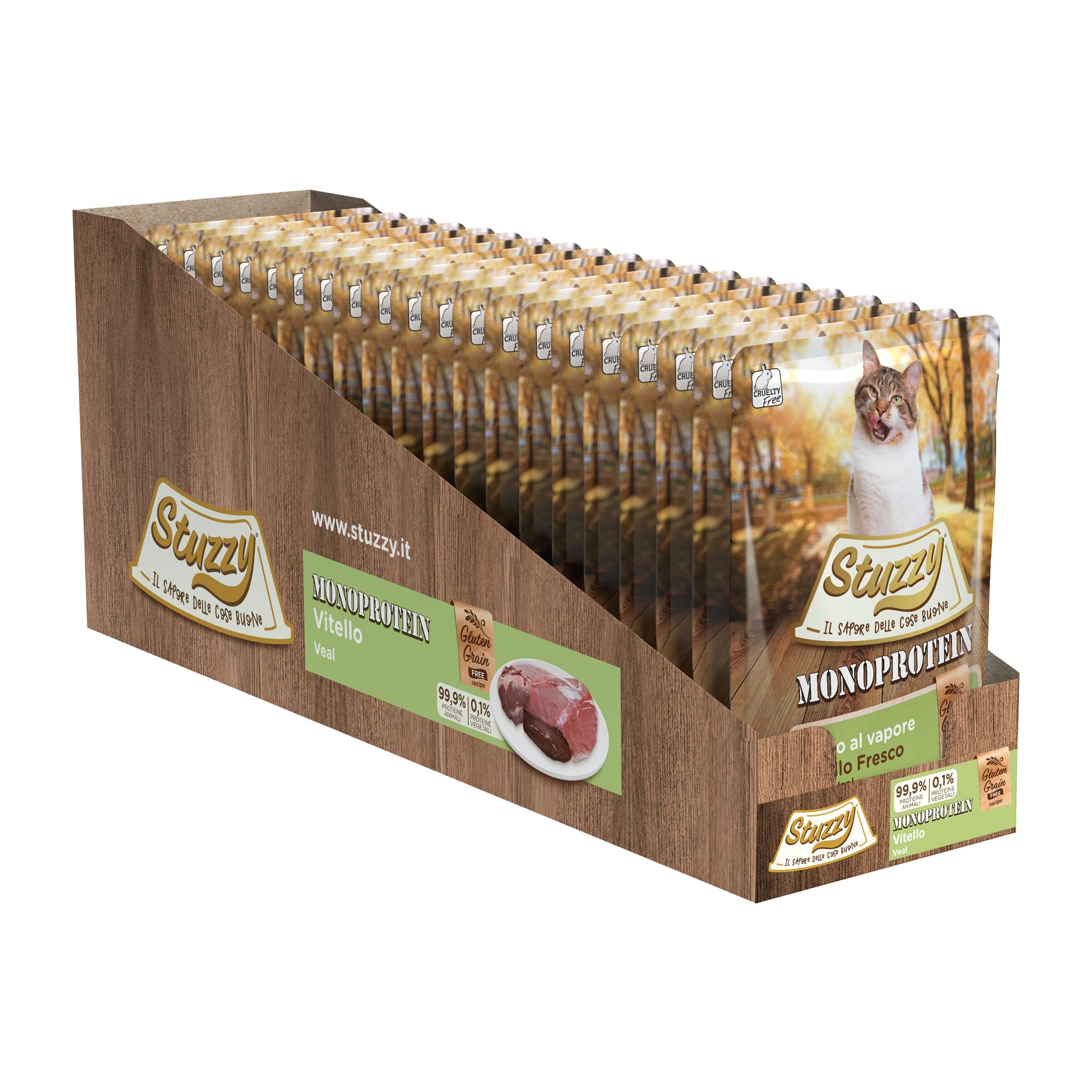 Stuzzy, Monoprotein Ziarno i Bezglutenowe, zestaw mokrych pokarmów dla dorosłych kotów z cielętą, pasztet - (20 worków po 85 g)
