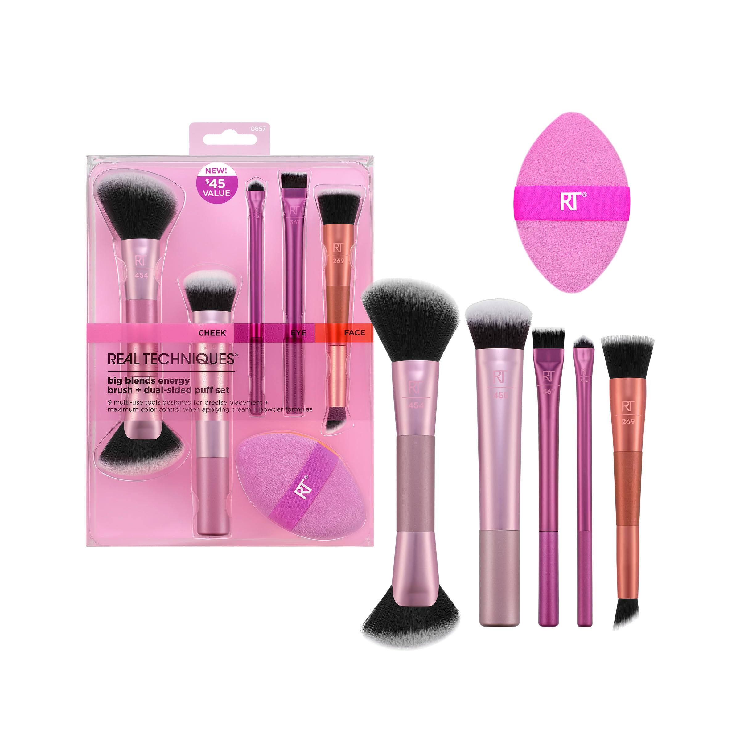 Real Techniques Big Blends Energy Brush + Dual-Sided Puff, 6 Piece Kit for Powder, Cream & Liquid Application, Precision Tools for Contour, Blending & Finishing, Vegan & Cruelty-Free