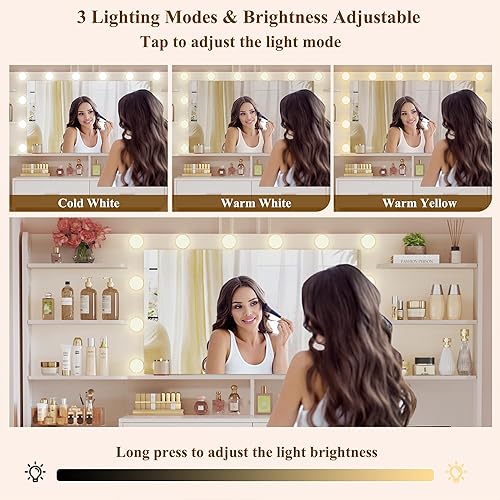 Miniatura 3 de Escritorio de tocador grande con espejo y luces, tocador de maquillaje blanco con 8 cajones y 6 estantes de almacenamiento, juego de tocador con