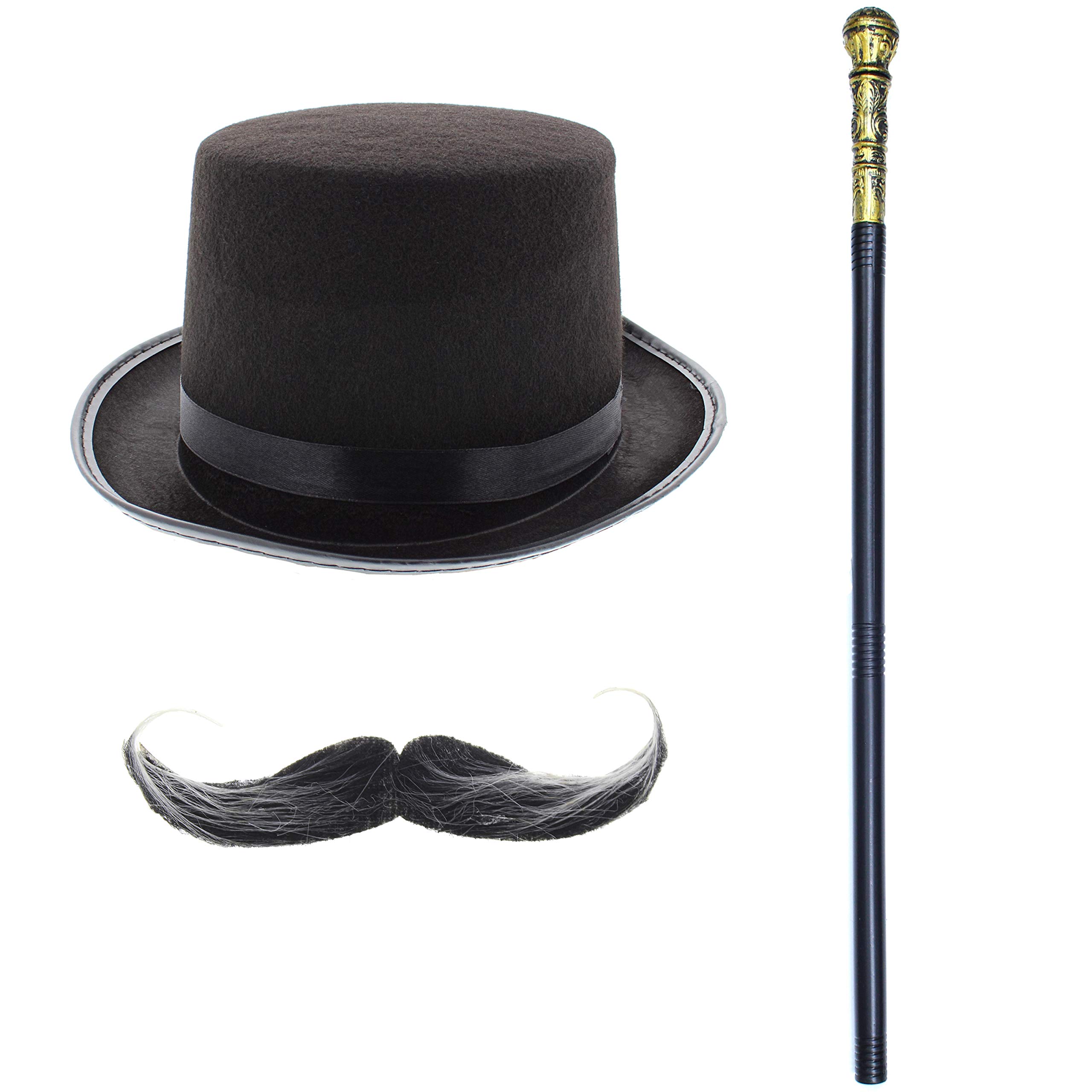 Zac's Alter Ego Fancy Dress Victorian Top Hat, Moustache & 70s Pimp Stick/Staff/Cane - World Book Week/Day