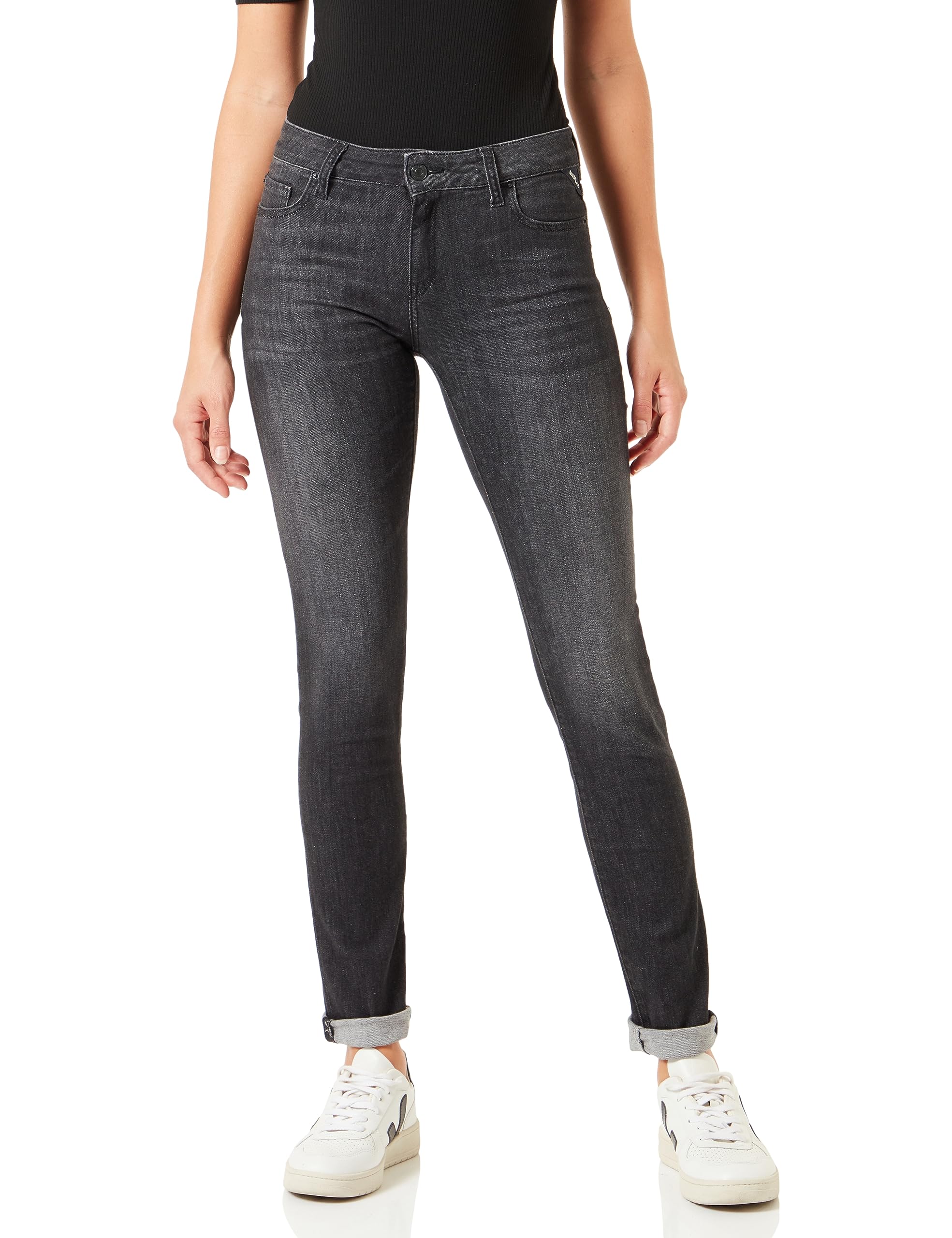 Replay Women's Jeans Faaby Flare-Fit Trousers with Power Stretch, Black Delavè 099 (Black), 31W / 32L