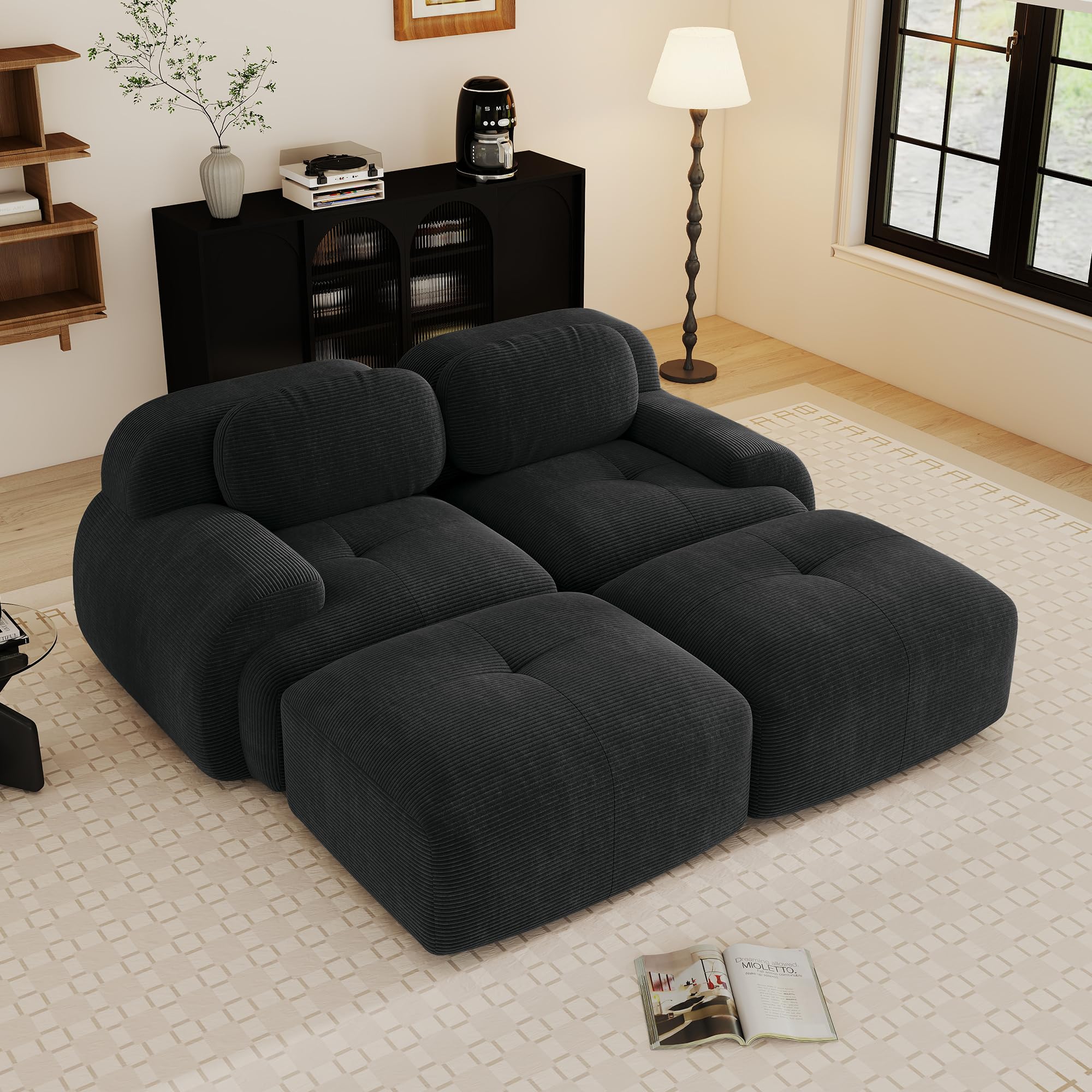 Canapé-lit Modulaire Désossé, Velours côtelé Canapé 2 Places et 2 Pouf, Configuration Libre, Loveseat Longue Canapé de Salon, sans Montage