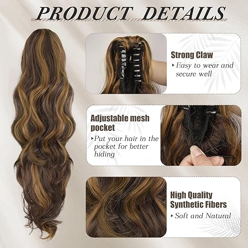 Miniatura 3 de BARSDAR Extensión de cola de caballo con clip de garra, extensiones de cabello ondulado de 20 pulgadas para mujer, extensiones de cabello sintético