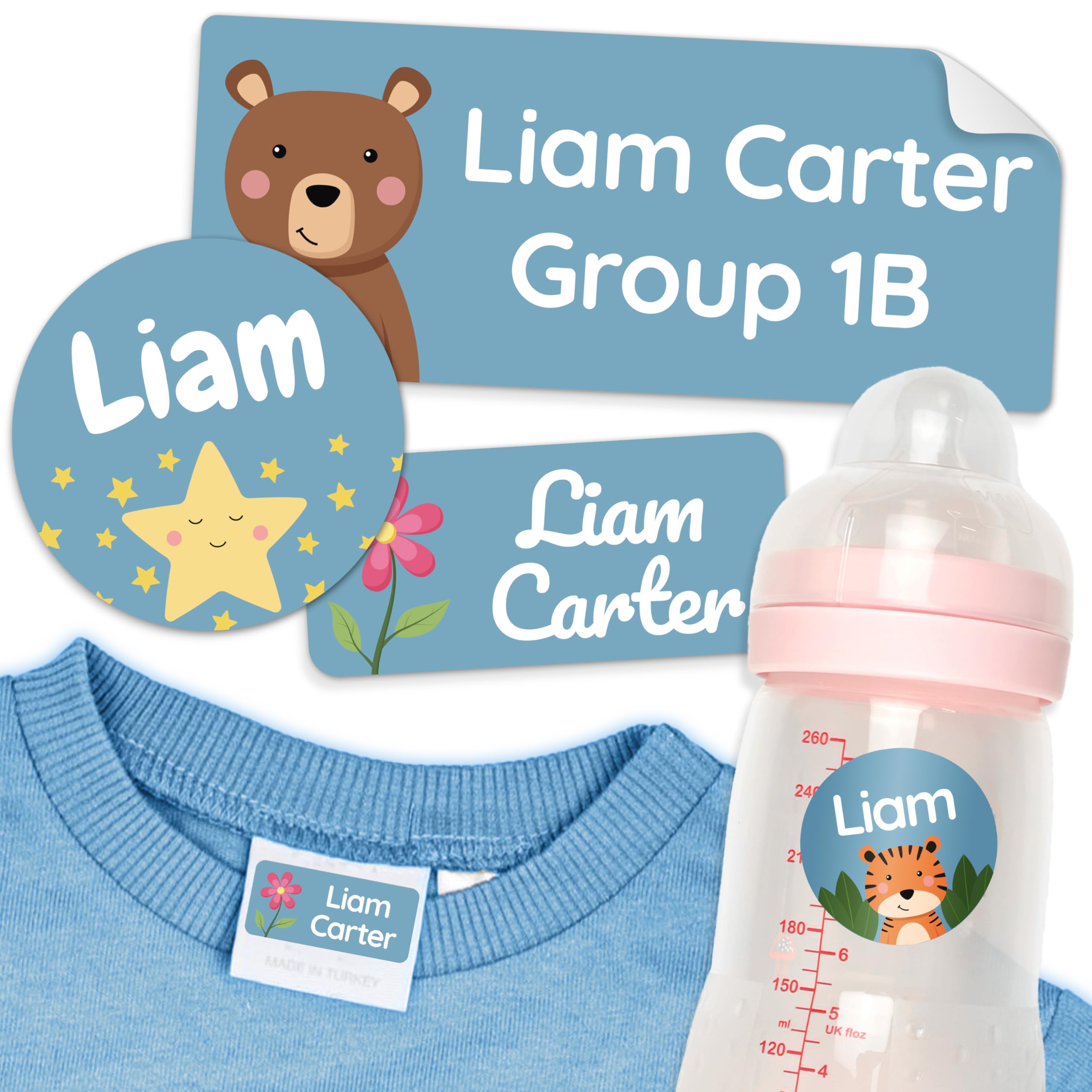 Personalized Daycare Name Labels for Kids Blue [50pcs] - Waterproof Name Stickers for School, Baby Bottles & Clothing - Custom Name Stickers -