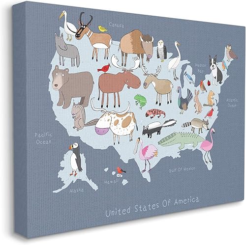 Stupell Industries Mapa de Estados Unidos con ilustraciones de animales juguetones, diseñado por Carla Daly, lienzo decorativo para pared, 36 x 48,