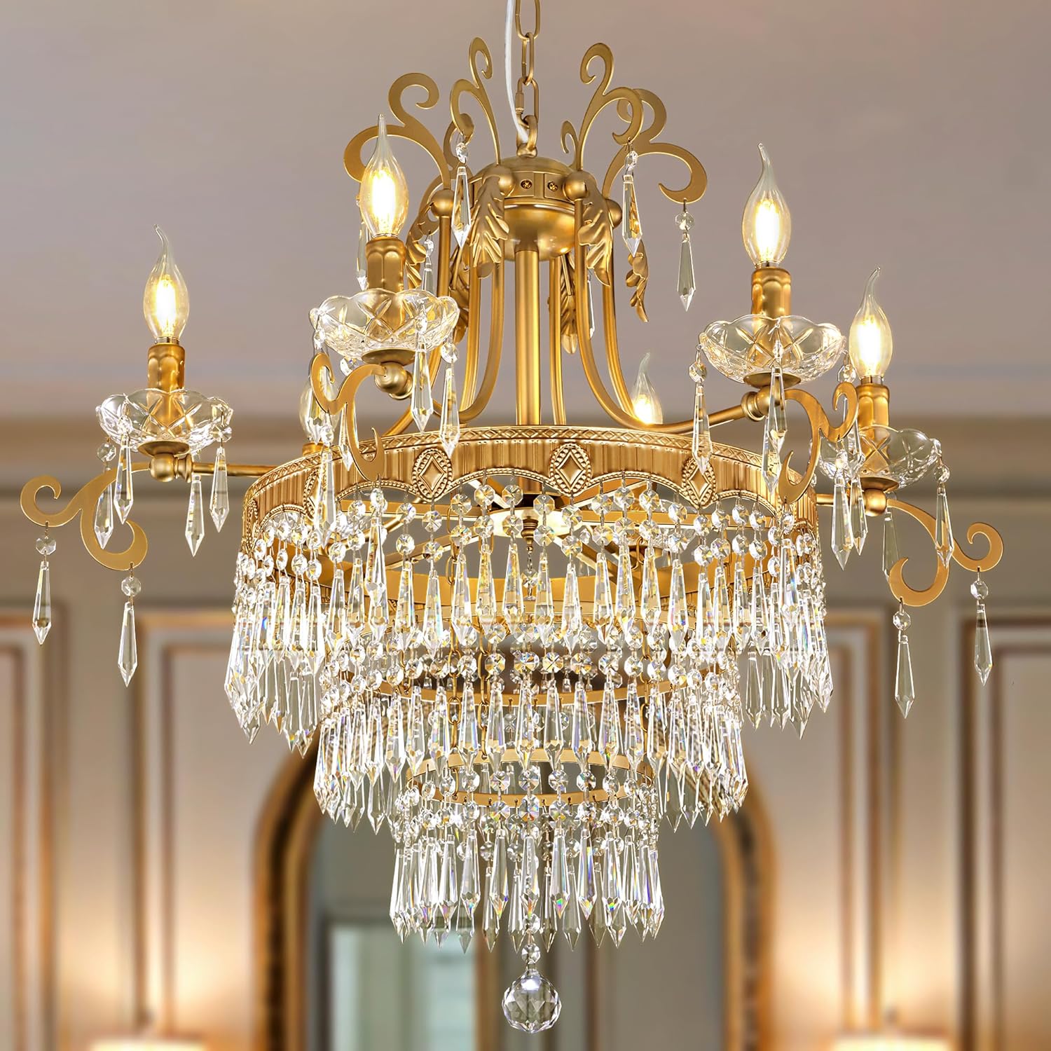 TOCHIC Modern Gold Crystal Chandelier Luxury French Empire Chandelier, 6 Lights Farmhouse Adjustable High Ceiling Light Fixture for Dining Living Room, Bedroom, Entryway, Kitchen, Foyer, 29" W