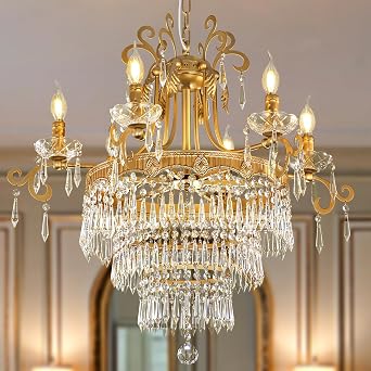 TOCHIC Modern Gold Crystal Chandelier Luxury French Empire Chandelier, 6 Lights Farmhouse Adjustable High Ceiling Light Fixture for Dining Living Room, Bedroom, Entryway, Kitchen, Foyer, 29" W