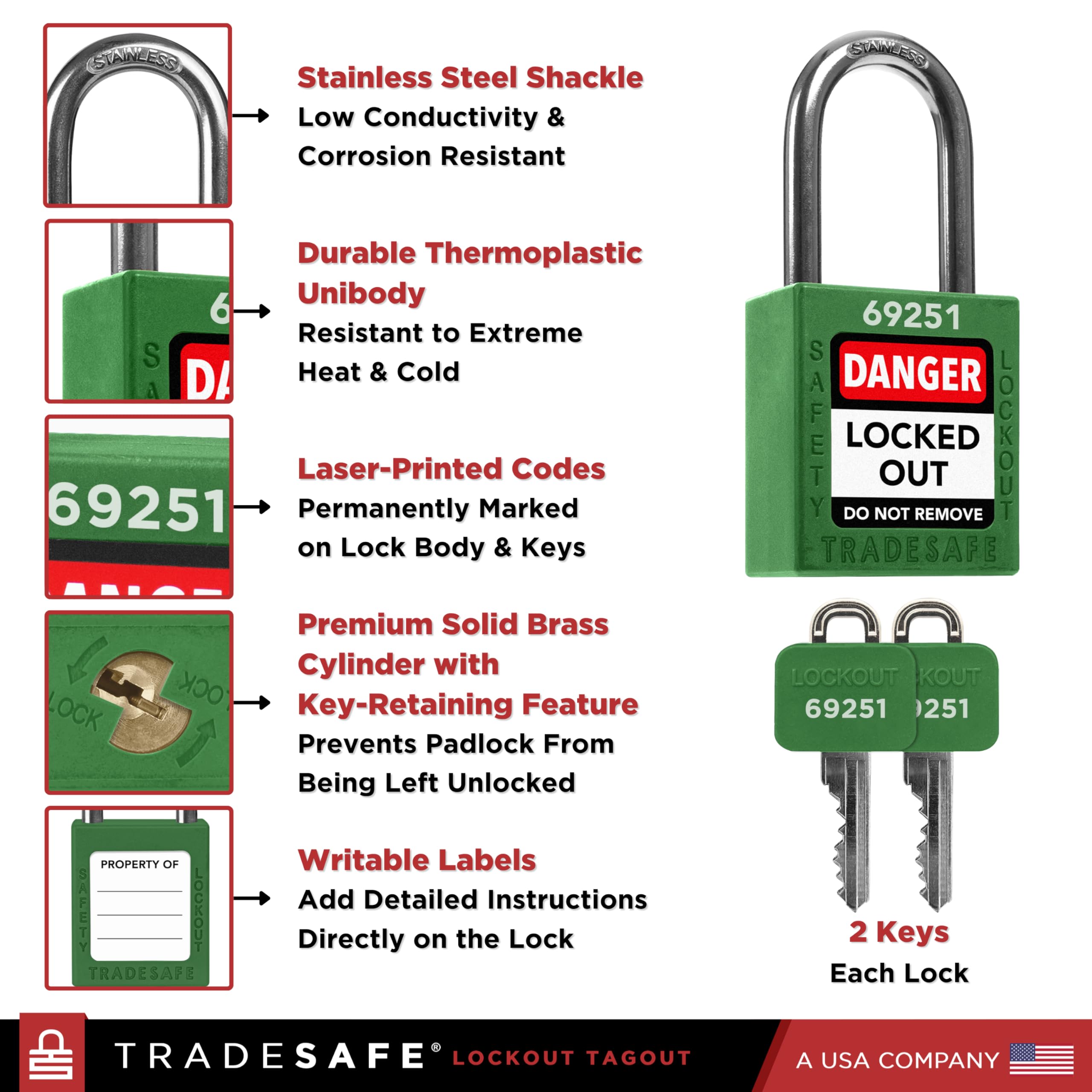 TRADESAFE Juego de cerraduras de bloqueo – 10 cerraduras de loto verde, cerraduras de bloqueo con llave diferente, 2 llaves por cerradura, candados de bloqueo compatibles con OSHA, candados de