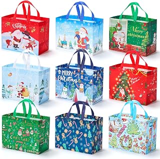 EQOREIIN Christmas Gift Bags 9 Pack - Non-Woven Reusable Holiday Gift Bags with Handles, Jumbo Xmas Tote Bags for Christmas Party, Gift Wrapping, New Year Favors & Decorations (12.8x9.8x6.7 Inches)