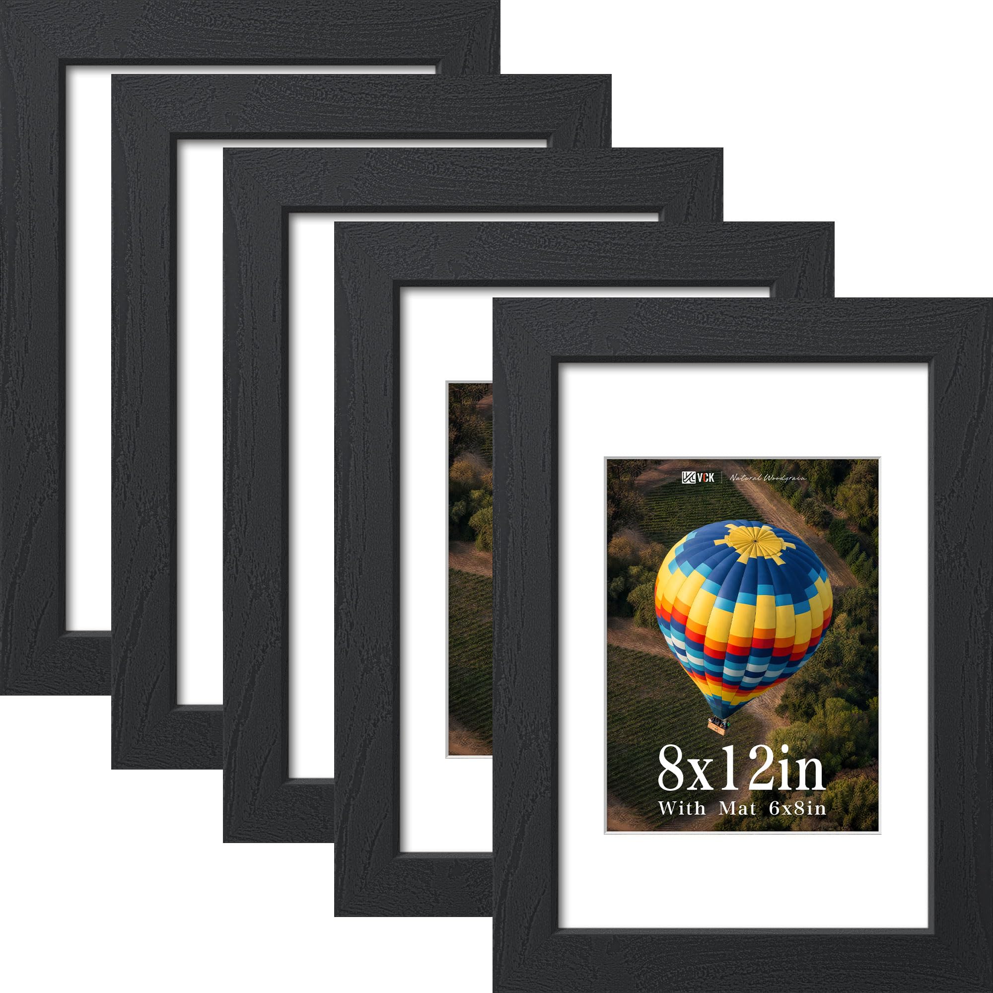 VCK 8x12 Picture Frame 5 Pack, Black Exclusive Wood, Real Glass, for Photo