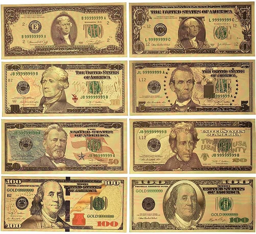 8PCS Gold Dollar Bills, USA President 1 /2 /5 /10 /20 /50 /100 Gold Dollar Bills Banknote, Great Gift for Coin Currency Collectors and Republican