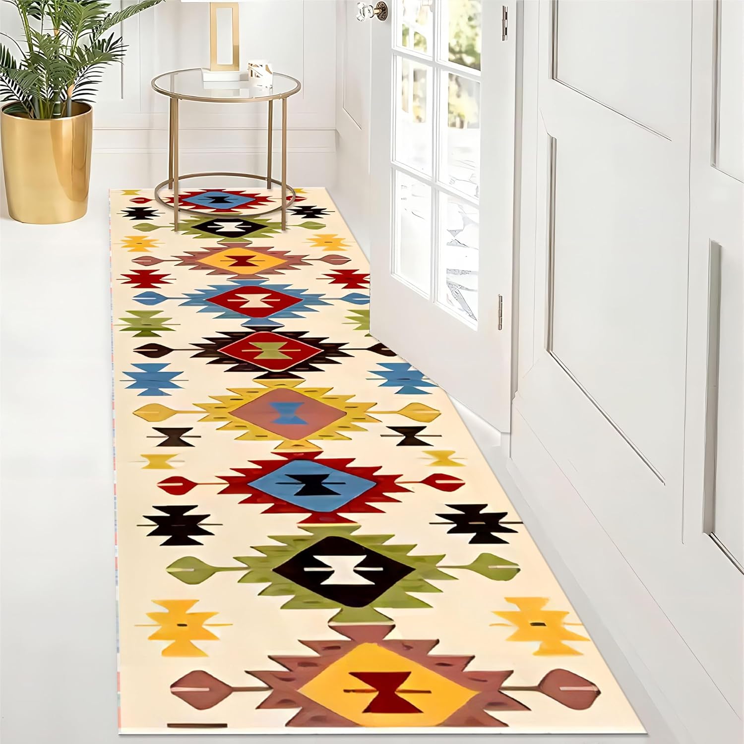 Vintage Bohemian Hallway Runner Rug 1.3x7ft Ethnic Geometric Design Runner Rug Washable Non-Slip Floor Carpet for Living Room Indoor Doormat Entrance Throw Area Rug Washable Kitchen Rugs