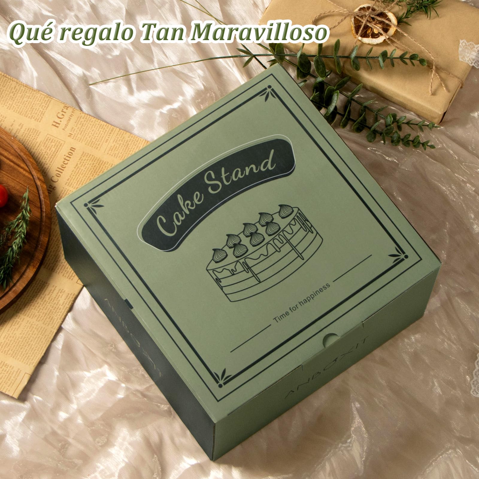 ANBOXIT Soporte Para Tartas con Tapa, Porta Tartas Madera de Acacia con Acrilico Cupula, Pedestal Soporte de Tarta con Tapa, Expositor Tartas (Plano)