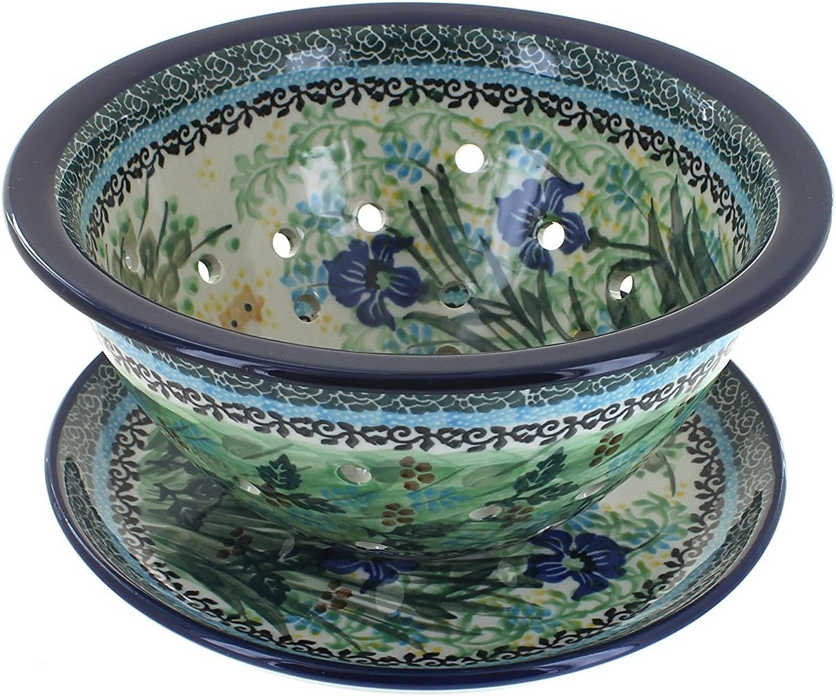 Blue Rose Polish Pottery - Green Teresa Berry Bowl & Plate - 8" Diameter - Ceramic Berry Bowl with Drain Holes, Perfect for Rinsing & Serving Fruit