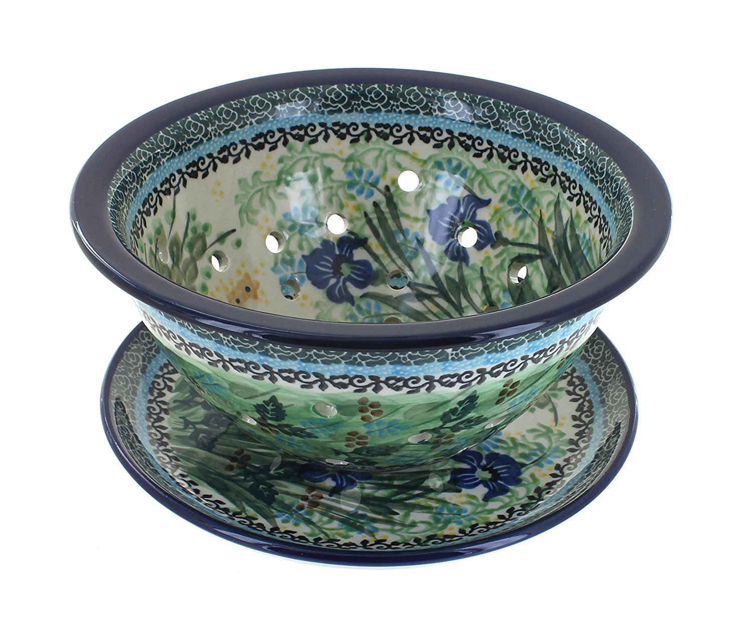 Blue Rose Polish Pottery - Green Teresa Berry Bowl & Plate - 8" Diameter - Ceramic Berry Bowl with Drain Holes, Perfect for Rinsing & Serving Fruit