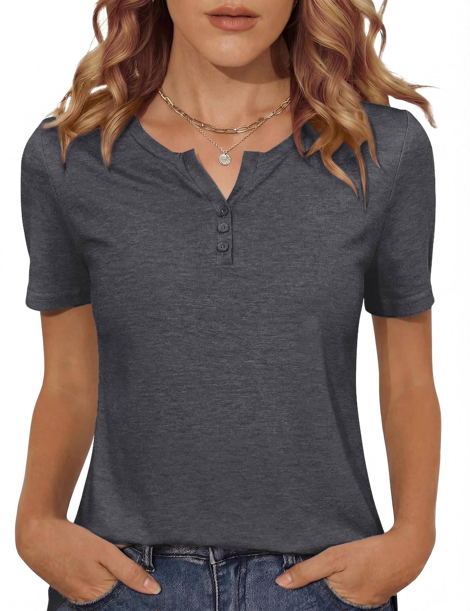 Totatuit Damen Kurzarmshirt Henley Kragen Einfarbig S-XXL | Leicht kombinierbares Sommer-Shirt, casual geschnitten für Büro Shopping Freizeit und Urlaub