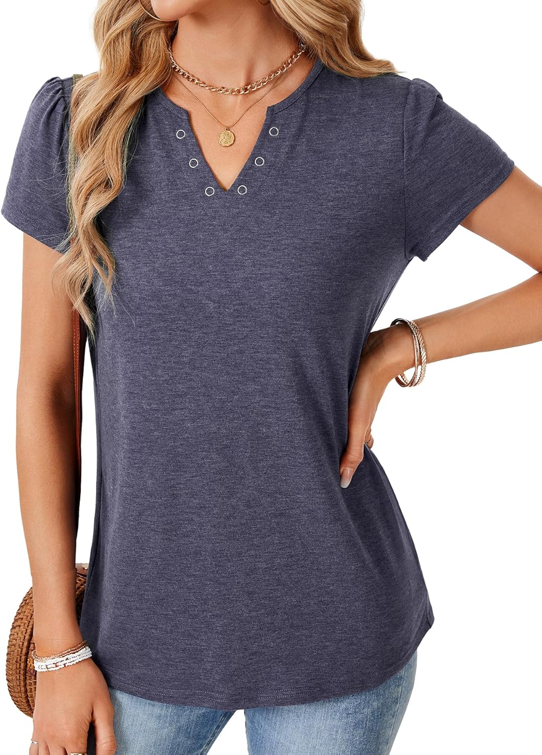 Rooscier Women’s V Neck Tops Short Sleeve Shirts Loose Fit Tunic Blouse Fashion Shirts