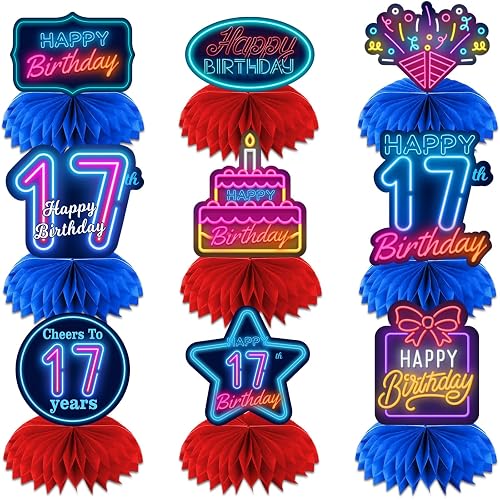 Happy 17th Birthday Neon Glow Theme Table Honeycomb Centerpieces Table