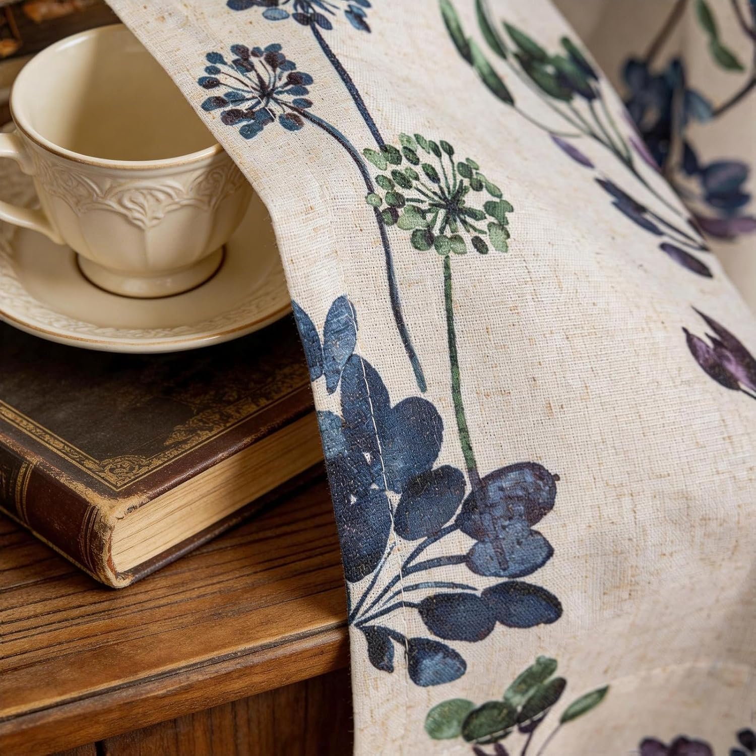 Floral Curtains 84 inches Long Linen Curtains for Living Room Bedroom Cottagecore Farmhouse Light Filtering Rustic Boho Semi Sheer Window Drapes Grommet 2 Panels, Blue, W50 x L84