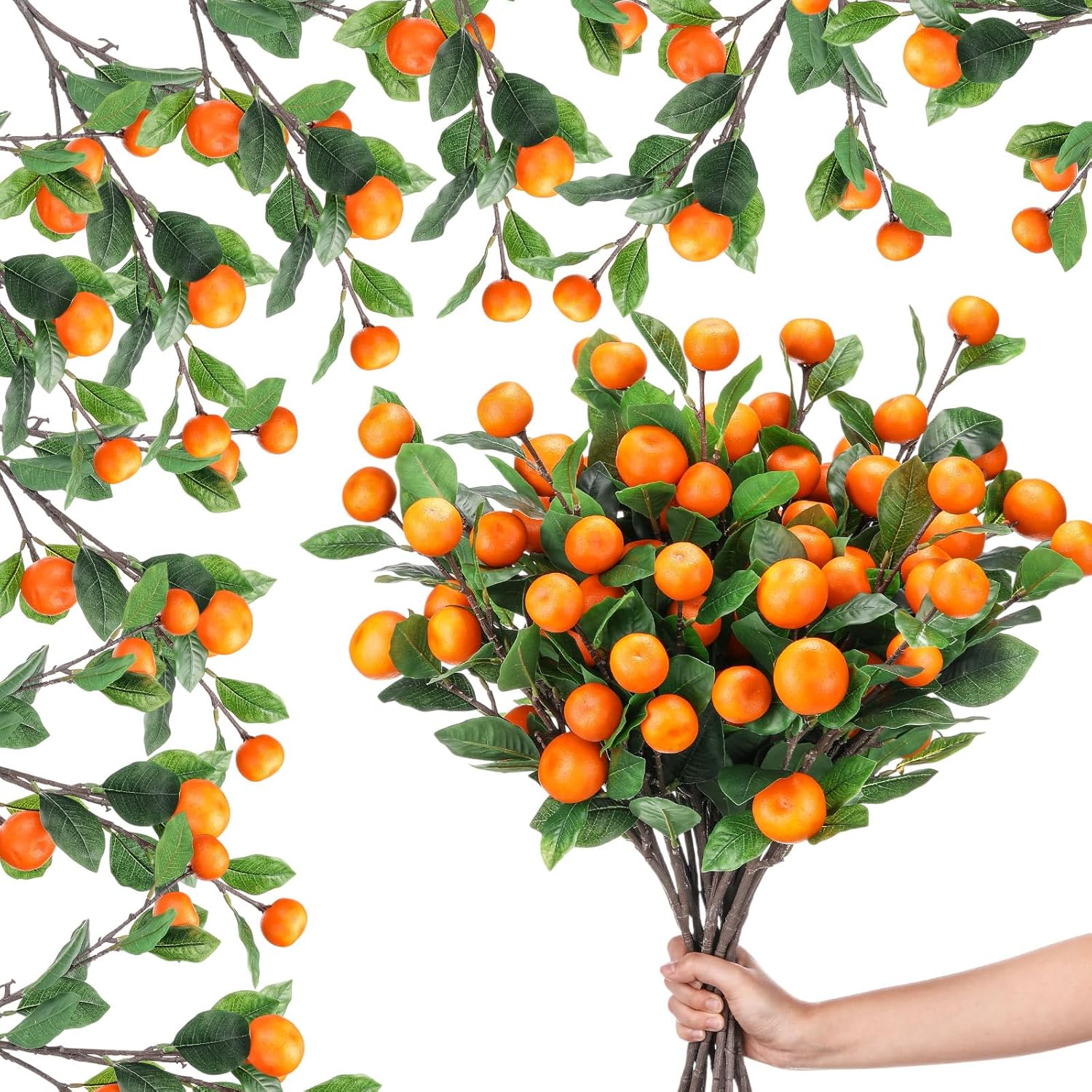 16 Pcs Artificial Orange Branches 21.65 Inch Fake Tangerine Branches Realistic Faux Oranges Fruit with Green Leaves Orange Kumquat Branch for Home Vase Party Decoration Prop(6 Oranges)