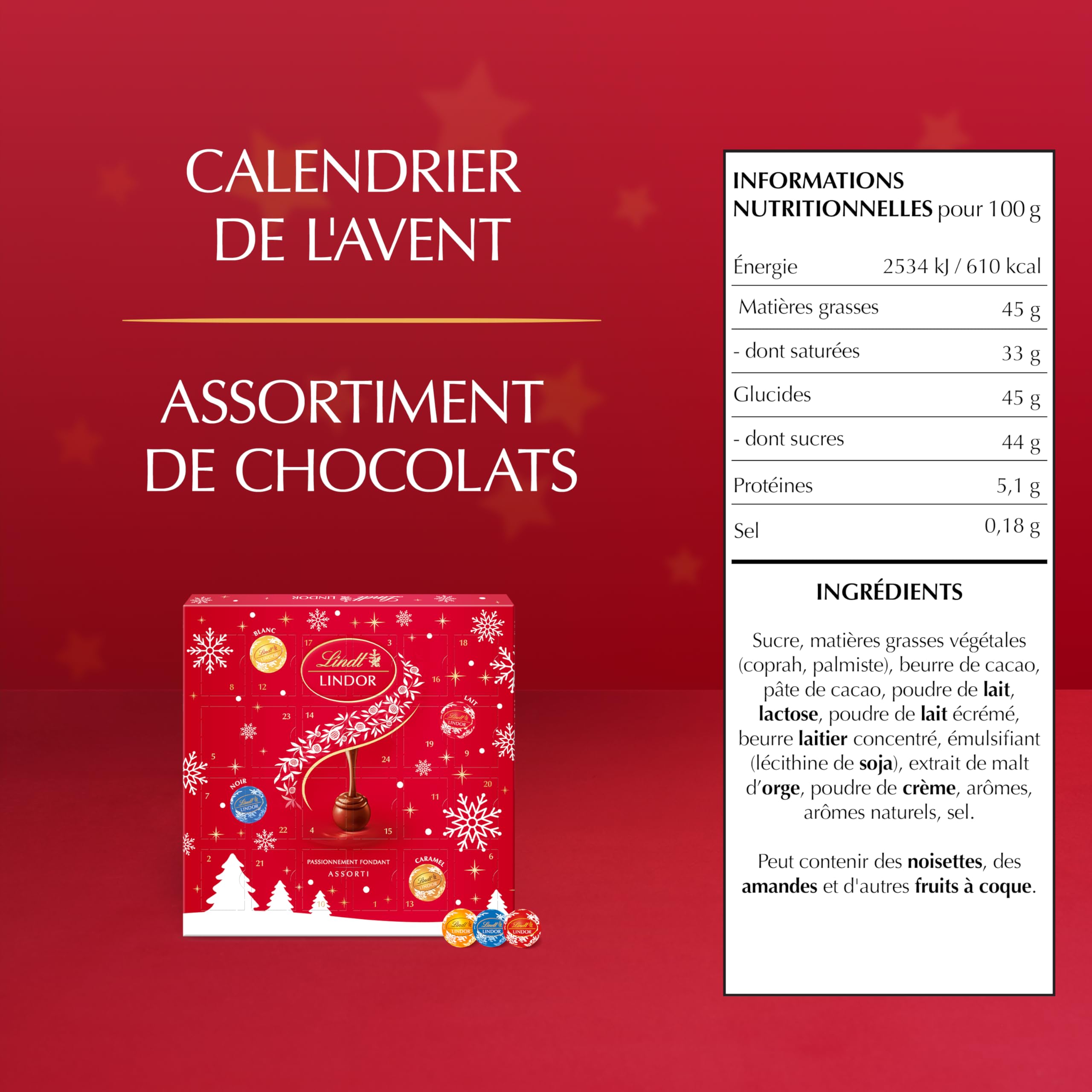 Lindt - Calendrier de l'Avent LINDOR - Assortiment de Chocolats au Lait, Noirs, Blancs, Caramel - Idéal pour Noël, 109g