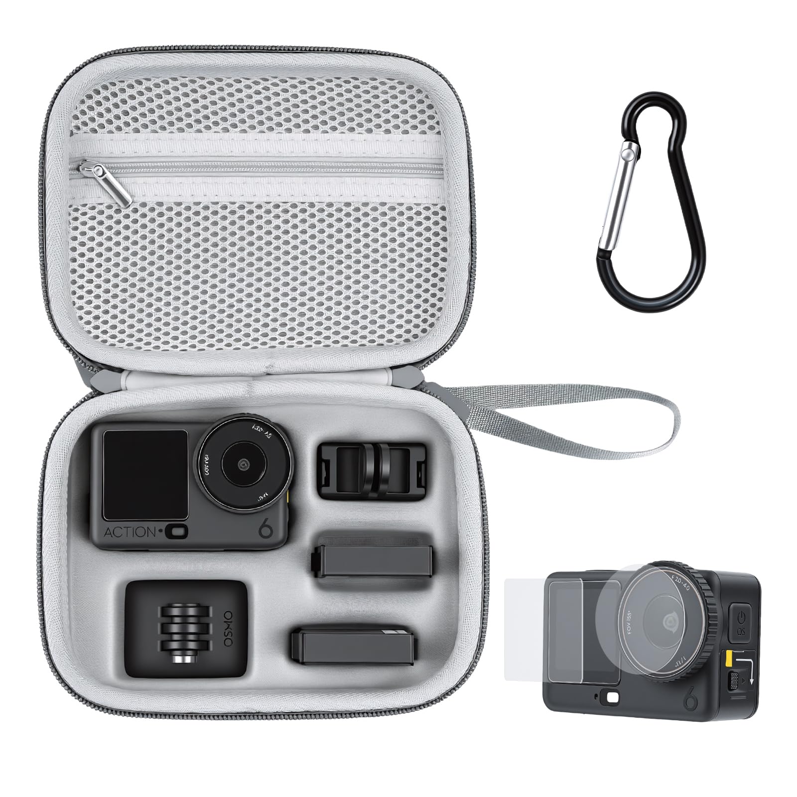 UTEBIT Carrying Case for DJI Osmo Action 6, PU Protective Storage Bag | Travel Portable Bag with Carabiner Compatible with DJI Osmo Action 6, Action Camera Accessories for Storage,Protection, Grey