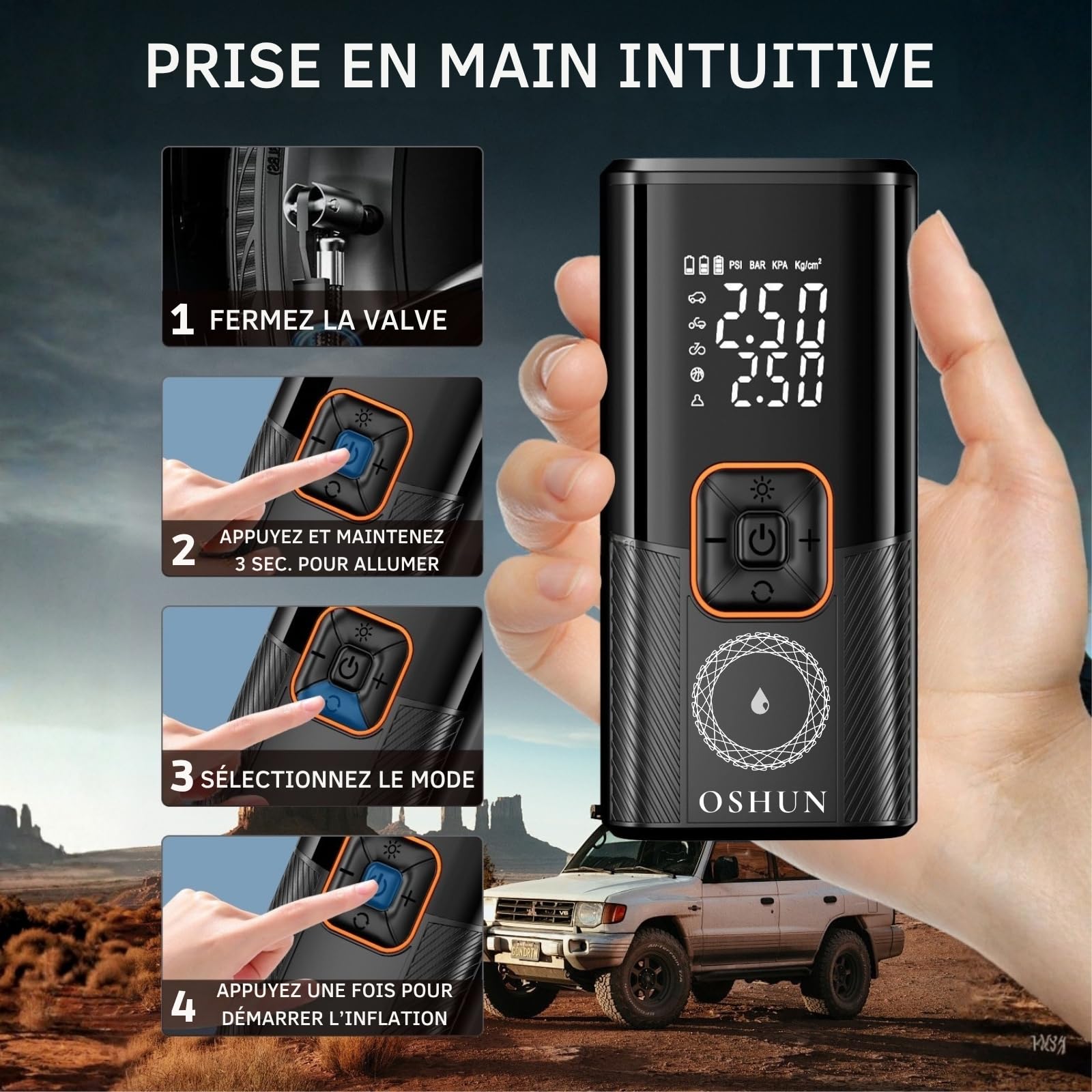 OSHUN Gonfleur Pneus Voiture sans Fil Mini Compresseur à Air Portatif 150 PSI (10,3 Bar) Inflation Rapide Gonfleur Electrique Puissance 100W Cylindre 19 mm Affiche 2 Valeur avec 3M Allume-Cigare 12V