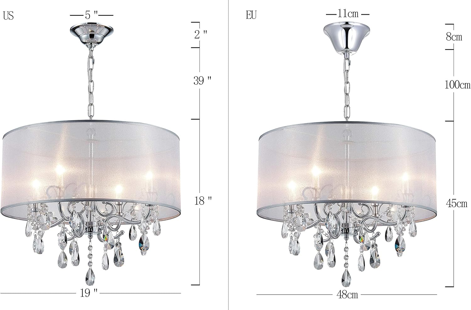 bestier modern elegant crystal pendant drum chandelier 4 light chrome lighting fixture led ceiling light dia 19 in x h 18 in