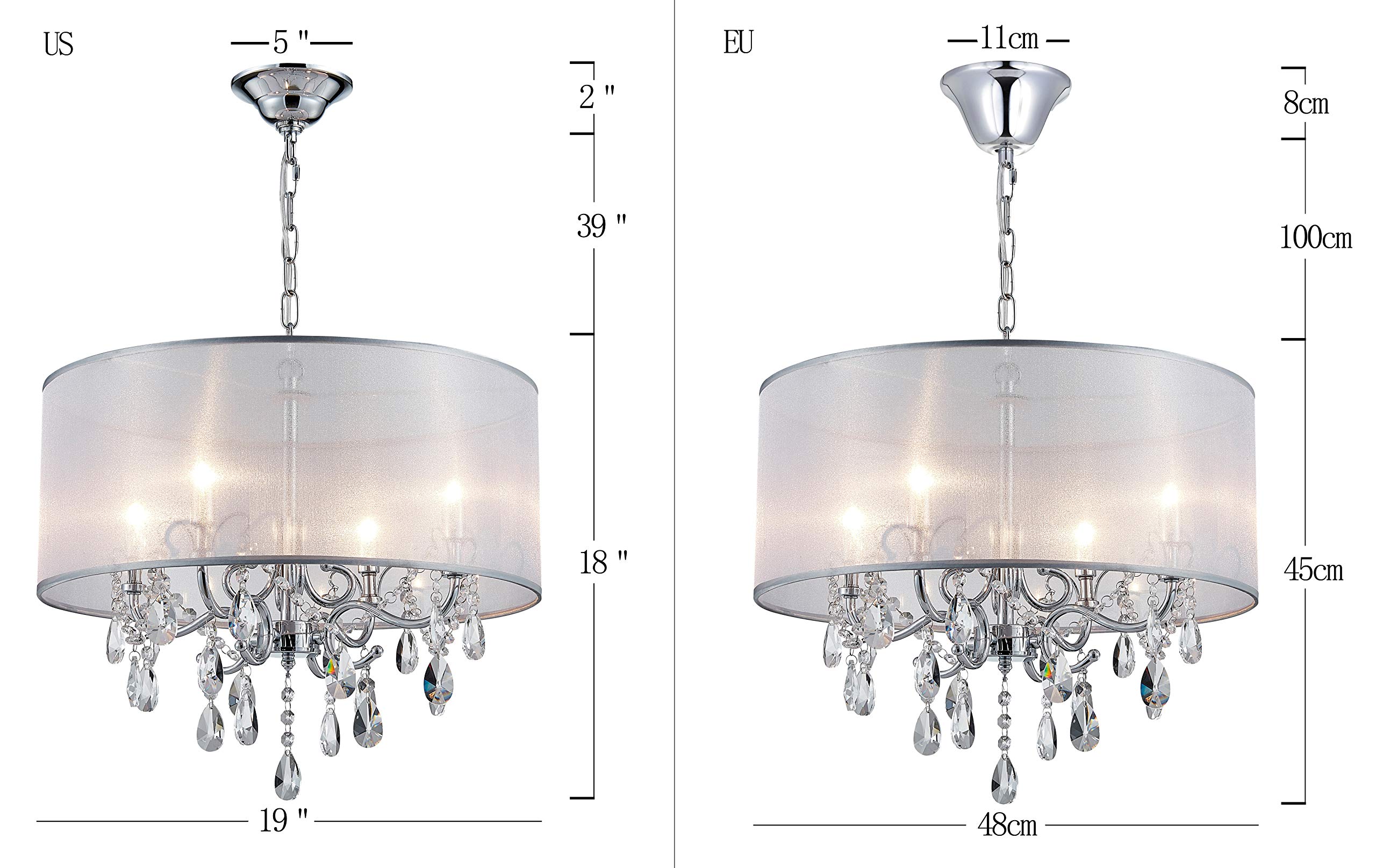 BESTIER moderno elegante lampadario a sospensione in cristallo tamburo lampadario 4 luci cromo apparecchio plafoniera LED diametro 48 cm x H 45 cm