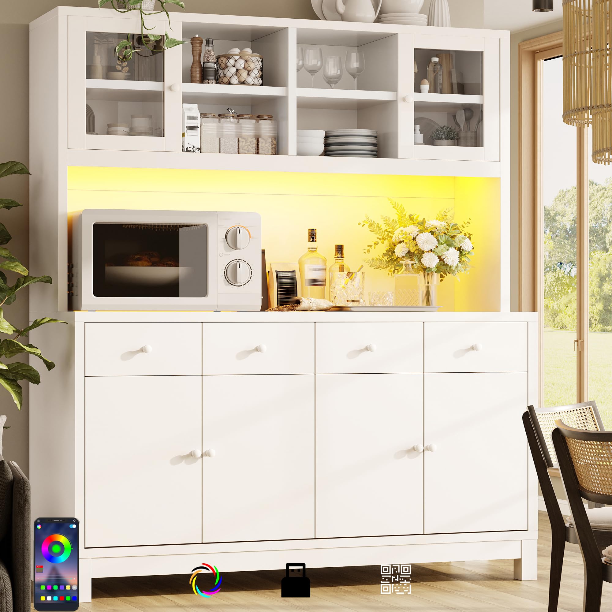 Armadio alto da 140 x 38,5 x 180 cm, ante in vetro, 4 cassetti, ripiani regolabili, effetto legno naturale, portata fino a 100 kg, bianco