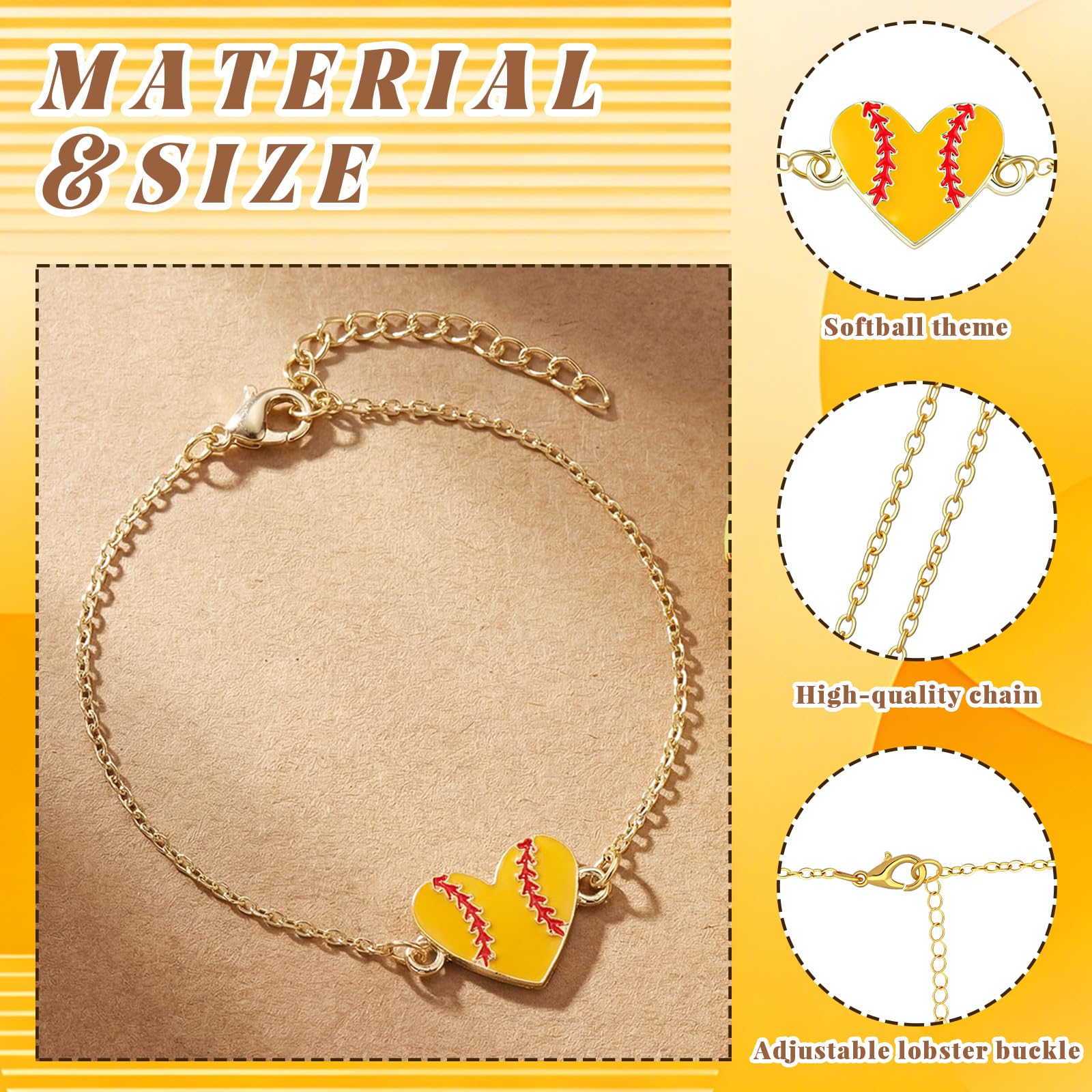 Landical 12 Set Softball Team Gift Bulk Gold Softball Heart Bracelets with Gift Card for Women Sport Lover Player Party Favor