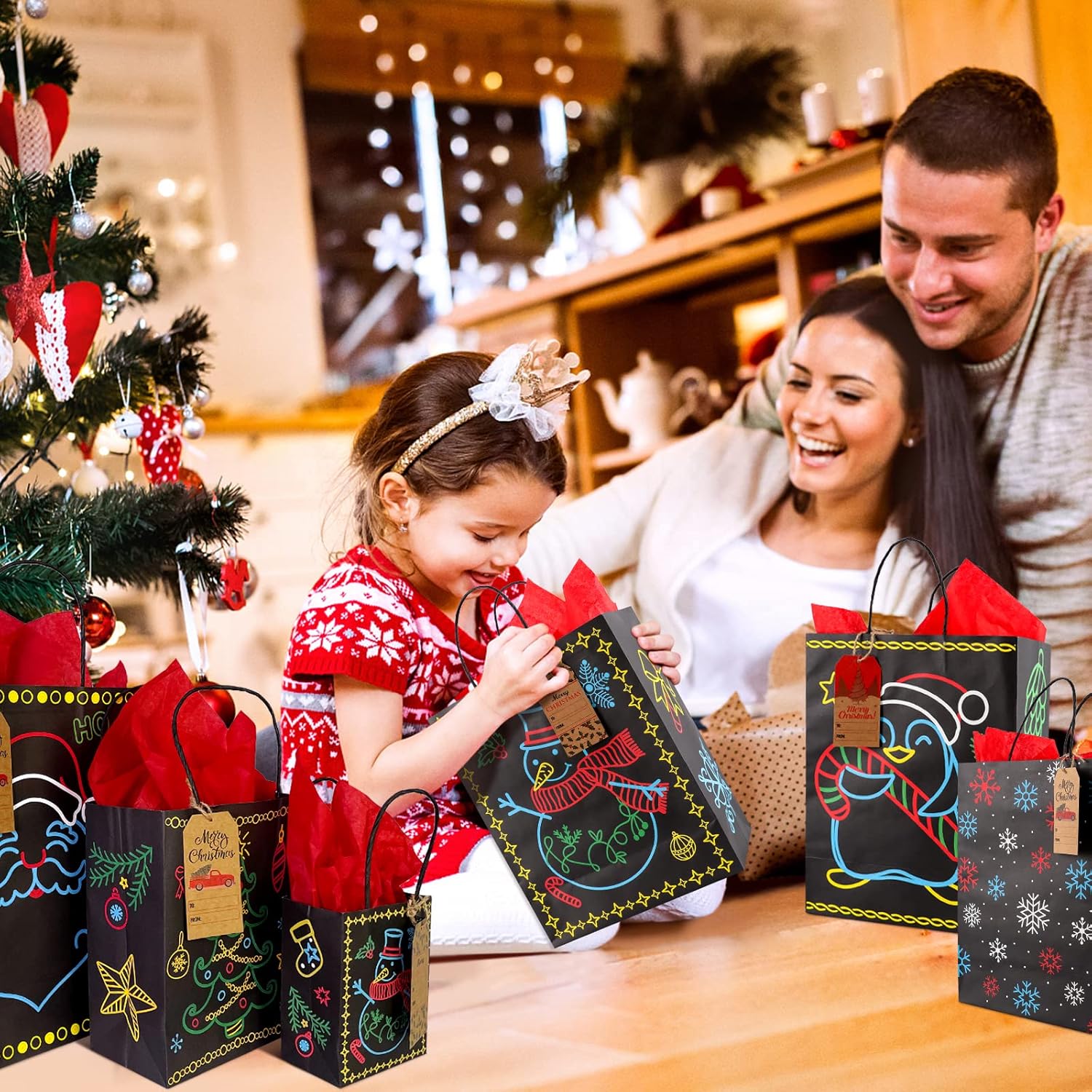 Giiffu 18-Pack Christmas Glow in the Dark Gift Bags Set with 18 Red Wrapping Papers & Gift Tags, Holiday Present Wrapping Supplies in 3 Sizes (Small/Medium/Large) - 6 Styles