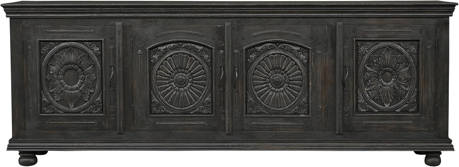 Monte Black Solid Wood Carved Sideboard Cabinet with Floral Details