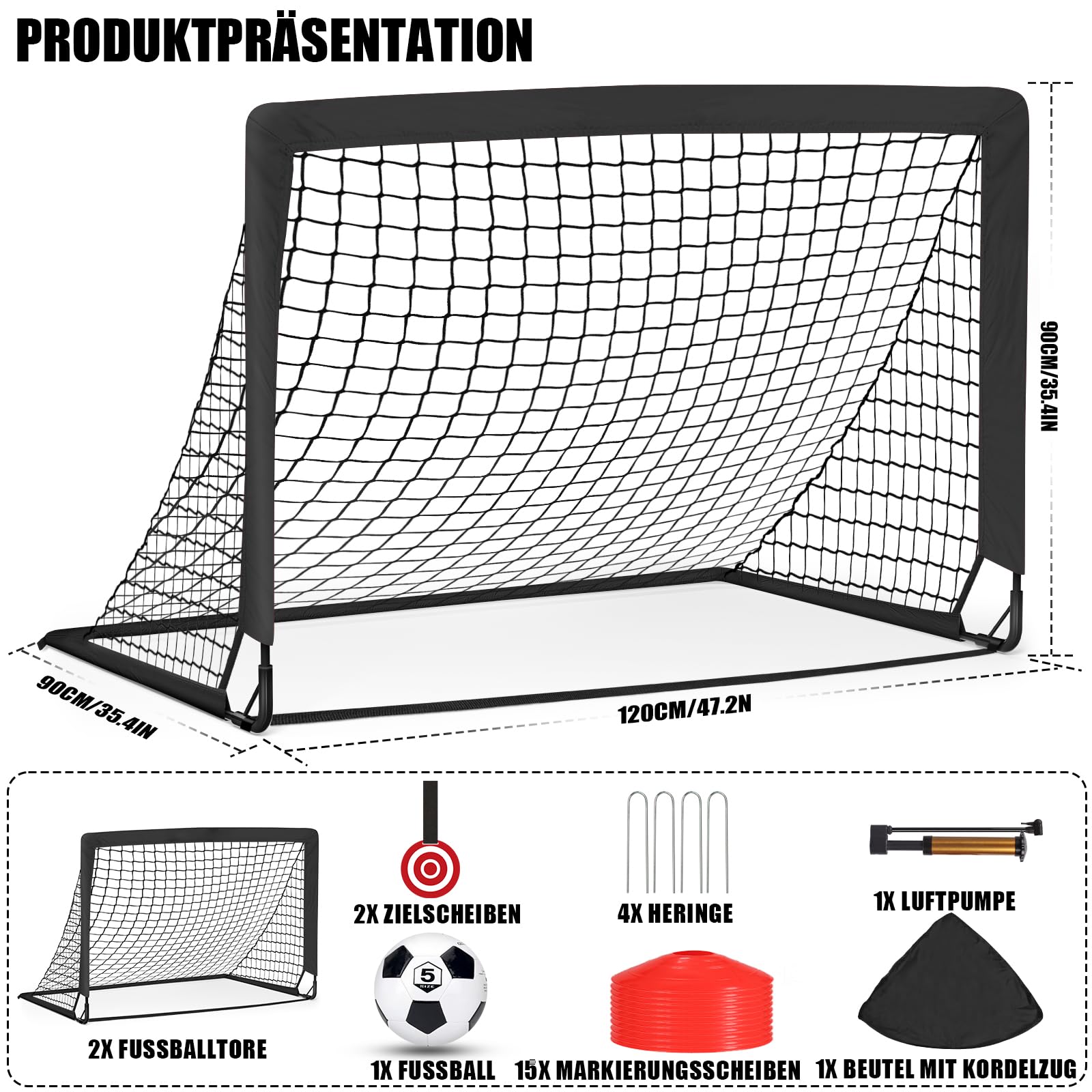 Fußballtor Garten 120x90cm, Fußballtore für Garten Training Set, Fussballtor Outdoor inkl. Fußball, Bullseye, Scheiben & Erdanker, Tolles Fußball Geschenk für Park, Strand