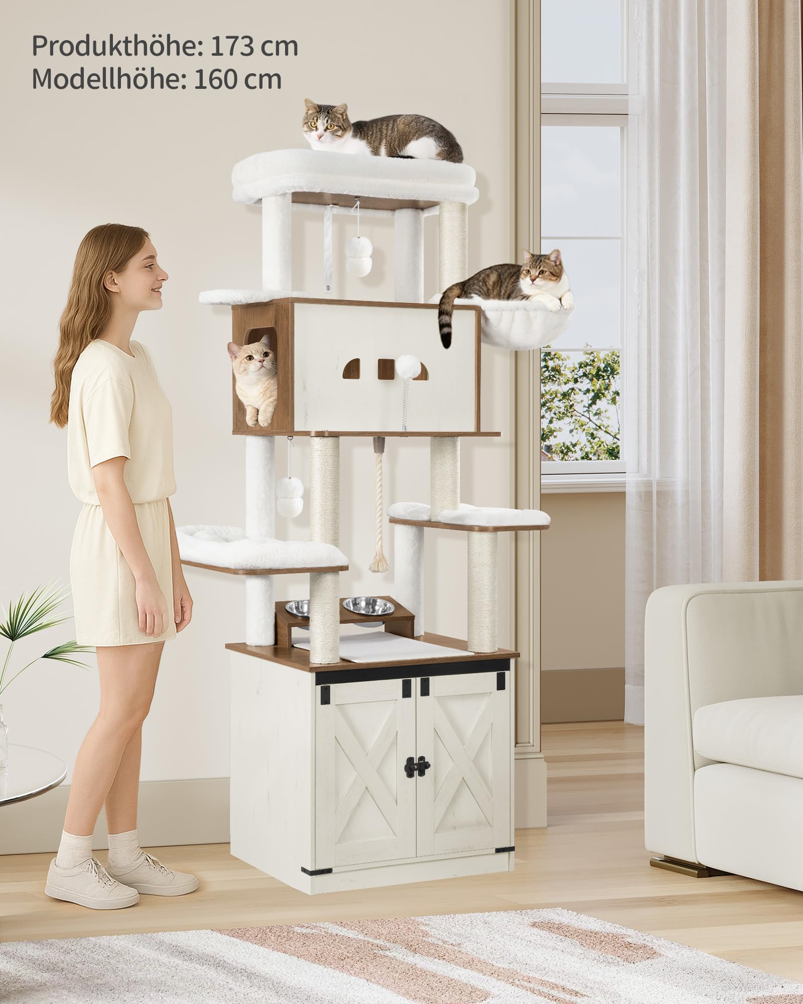 Hzuaneri Kratzbaum mit Katzenklo Schrank, 173 cm Hoch, Weiß und Braun | Kratzbaum, Futterstation, Großer Plattform, Sisalseil, Hängematte, Waschbares Kissen, Plüschbälle, Weiß und Braun CB89014WT