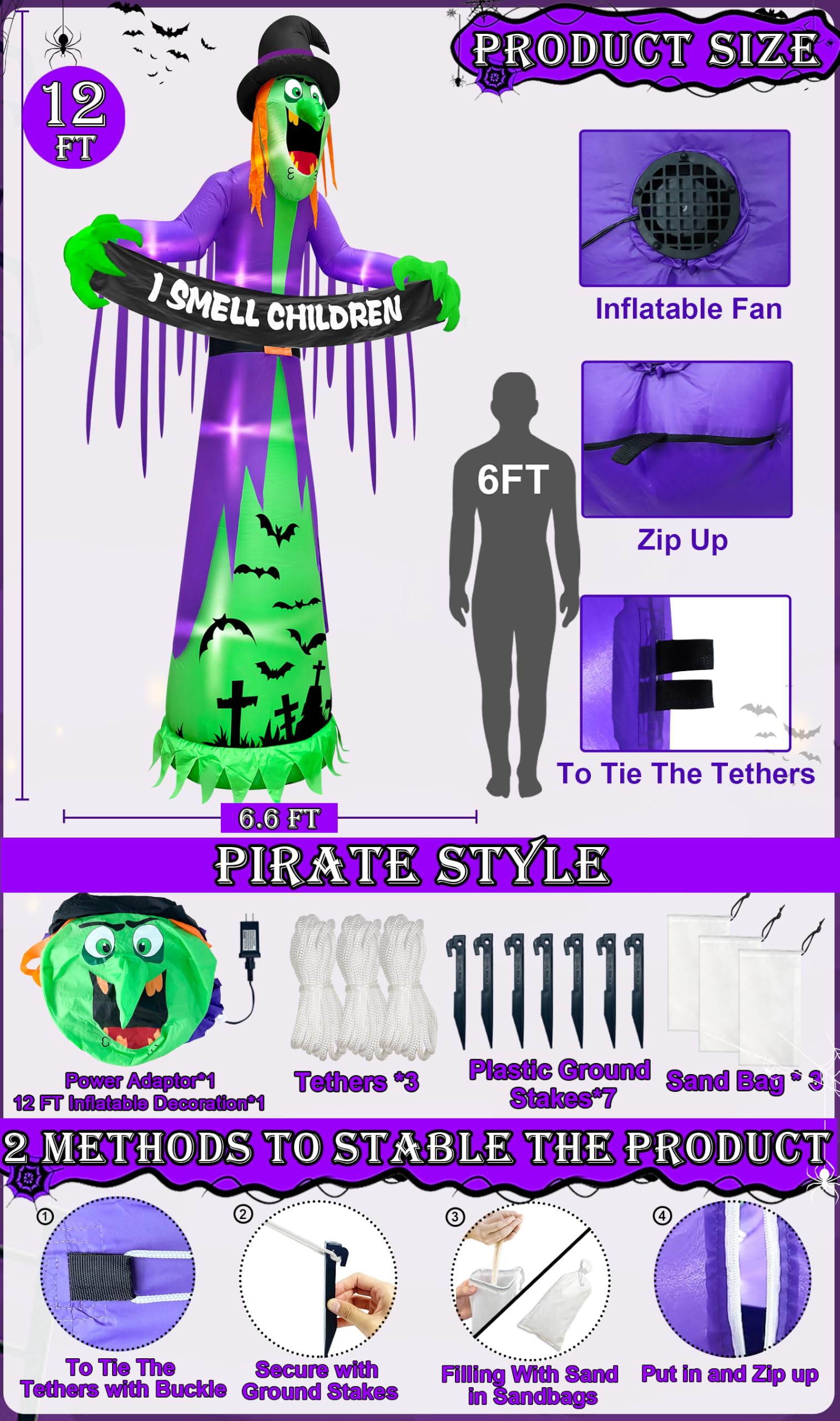 TURNMEON Ogromne nadmuchiwane przedmioty na Halloween, dekoracje na zewnątrz, straszna czarownica trzyma zapach dzieci, baner LED do wysadzania podwórka, dekoracja na Halloween, ogród, trawnik,