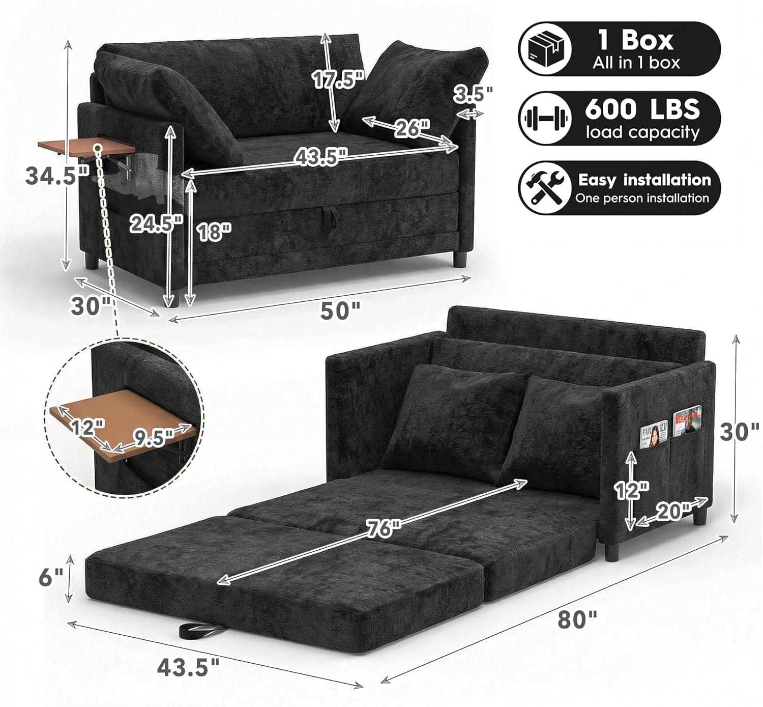 Convertible Sofa Bed with Foldable Side Table, 50" Pull Out Sleeper Couch with Solid Wood Frame, Futon Sofa Bed for Small Spaces, Living Room, Apartment, Oversized Back Cushion & 2 Pillows, Dark Grey