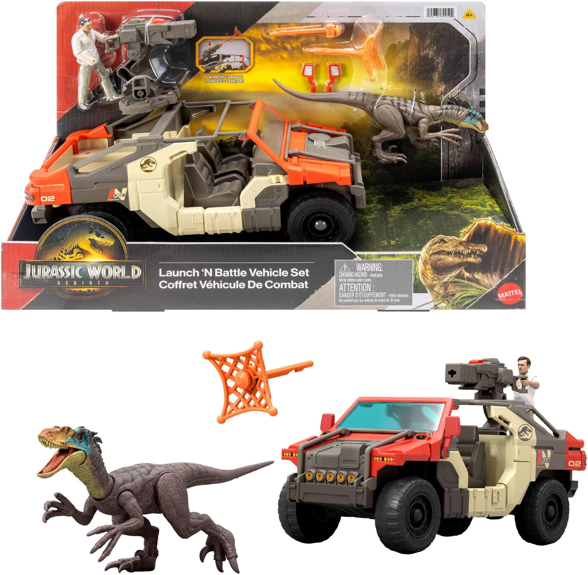 ​Mattel Jurassic World Rebirth Vehicle with 1 Human & 1 Dinosaur Figure, Launch ‘N Battle Truck, Martin Krebs Figure & Raptor, Turret & 2 Projectiles, JGB59
