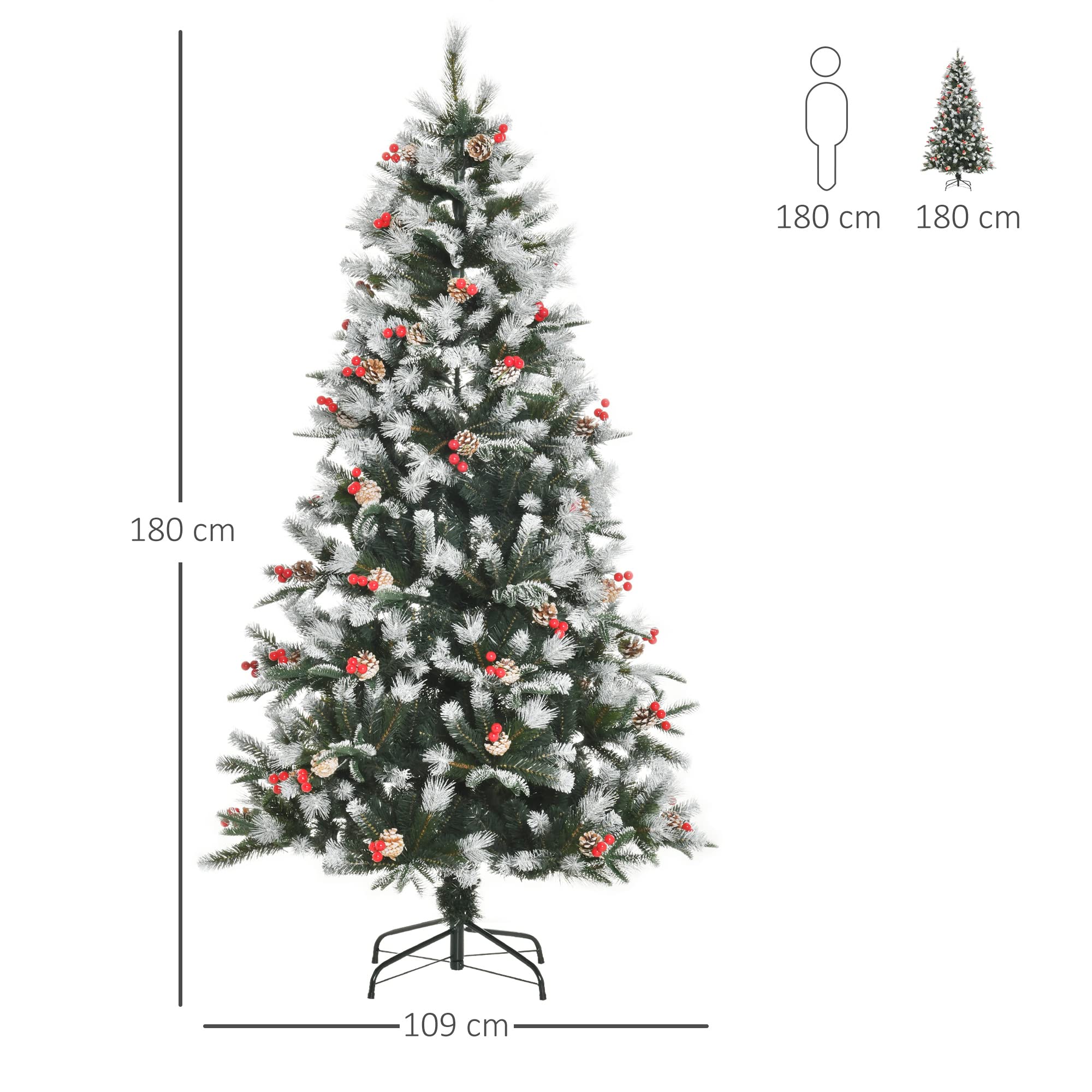HOMCOM Árbol de Navidad Artificial 180 cm con 678 Ramas 53 Piñas Verde | 53 Bayas, Hojas de Plástico PE, Base de Soporte Plegable Metálica, Decoración Navideña para Interiores