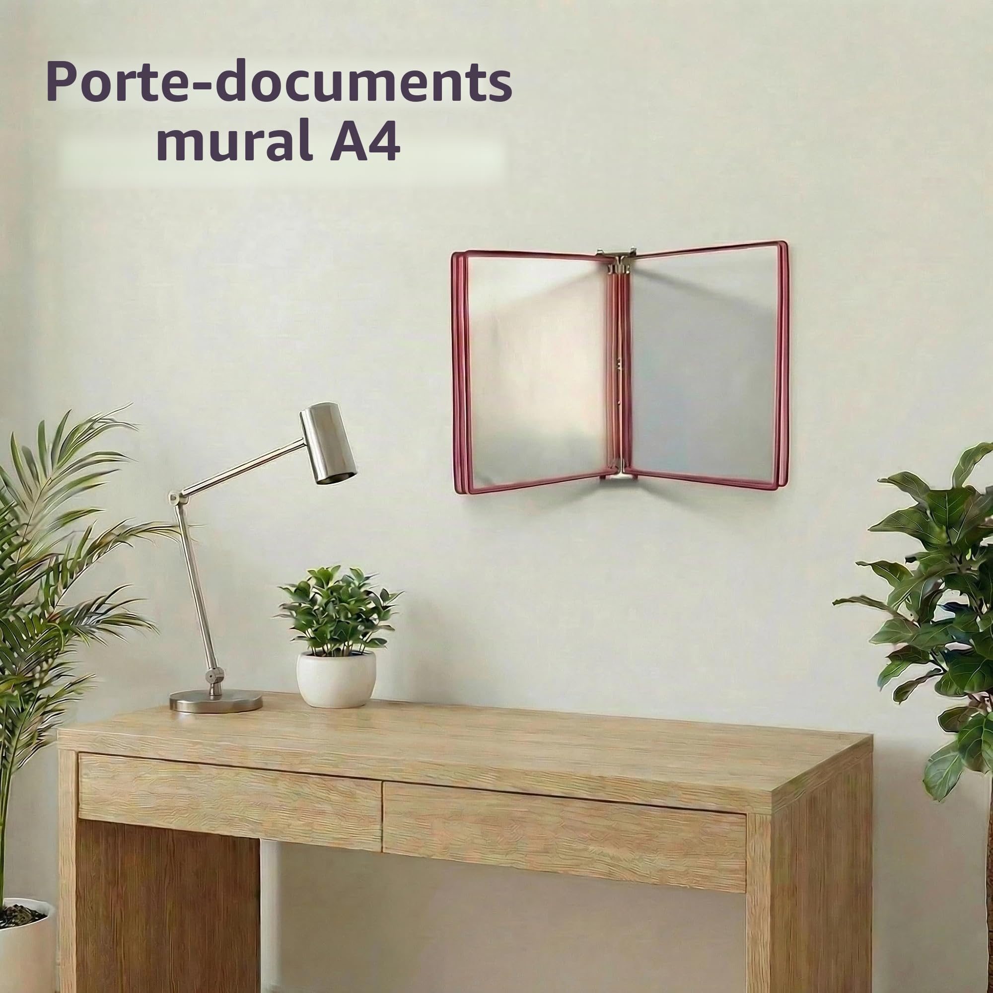Porte-documents Mural à Suspendre, Organiseur Mural pour Documents A4, 5 Panneaux d'Affichage Transparents, Rouge