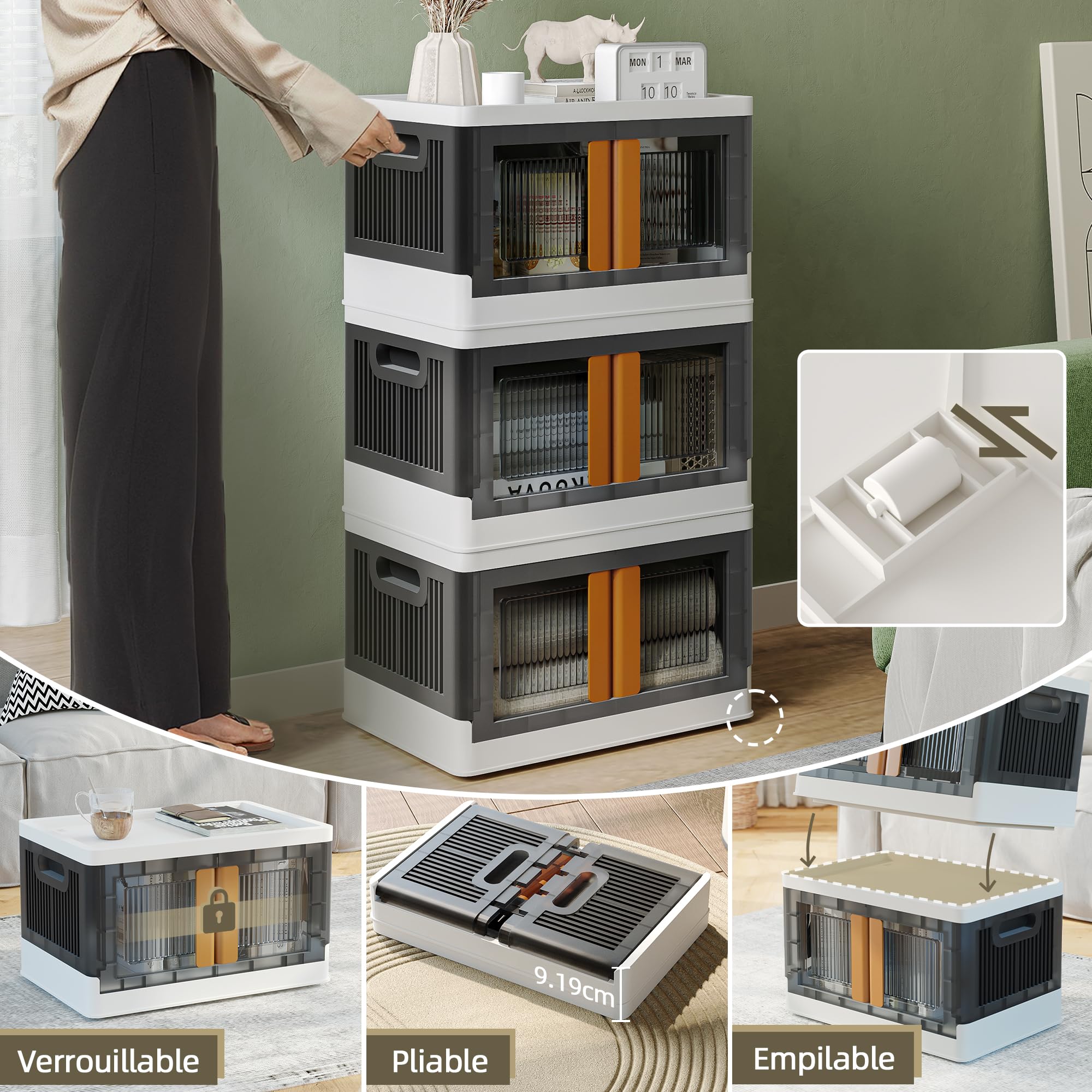 NETEL 4x 45L Empilable Boîte de Rangement avec Couvercle et Verrouillable Porte, Pliable Bac de Rangement Plastique avec Roulettes, Grande Caisse Rangement Organisateur pour Cuisine, Salon et Chambre