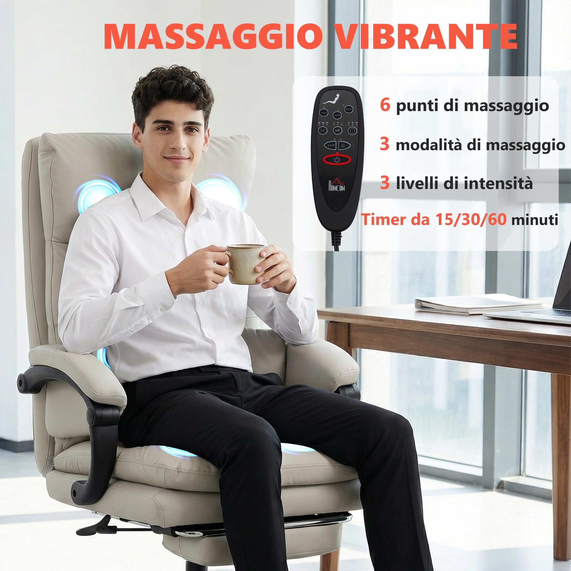 HOMCOM Sedia da Ufficio con Massaggio a 6 Punti Riscaldata Grigio Chiaro | Sedia Reclinabile 135° in Pelle Finta con Poggiapiedi, Braccioli Imbottiti, Altezza Regolabile, Schienale Alto