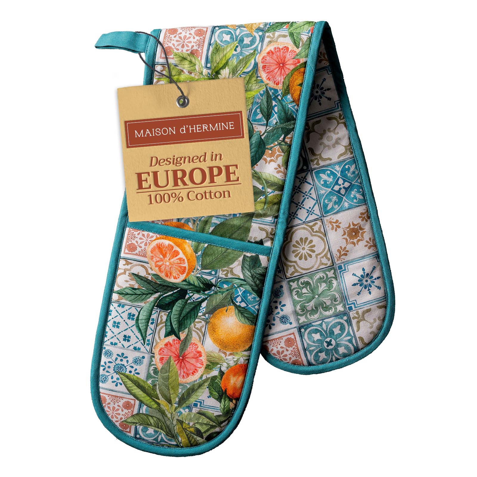 Maison d' Hermine Double Oven Mitts 100% Cotton 18 cm x 89 cm Double Oven Mitt Heat Resistant BBQ Cooking Gloves with Loop Baking Grilling Handling Hot Pans Spring Summer (Agrume)