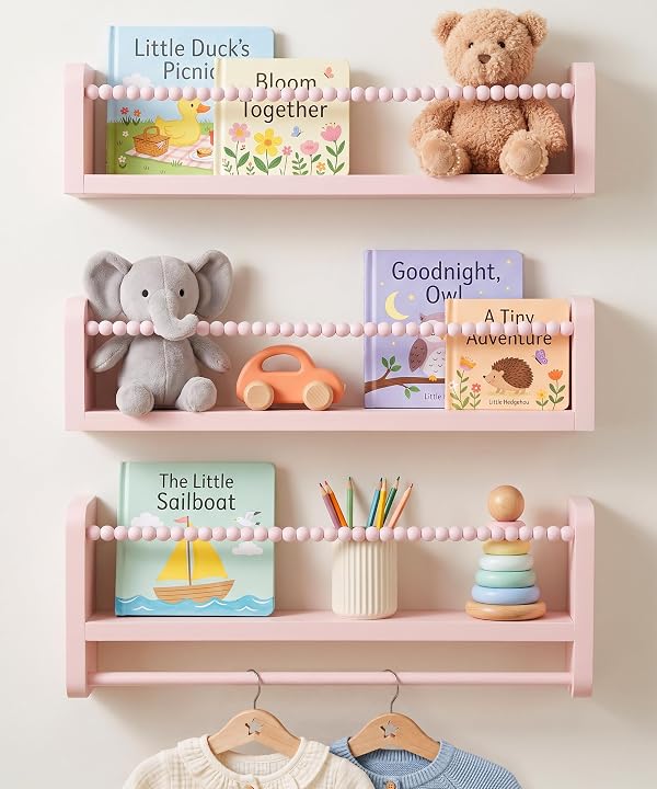 Maxpeuvon Nursery Book Shelves for Wall, Pink Floating Shelves Set of 3 by Maxpeuvon - Used condition - US$31.99
