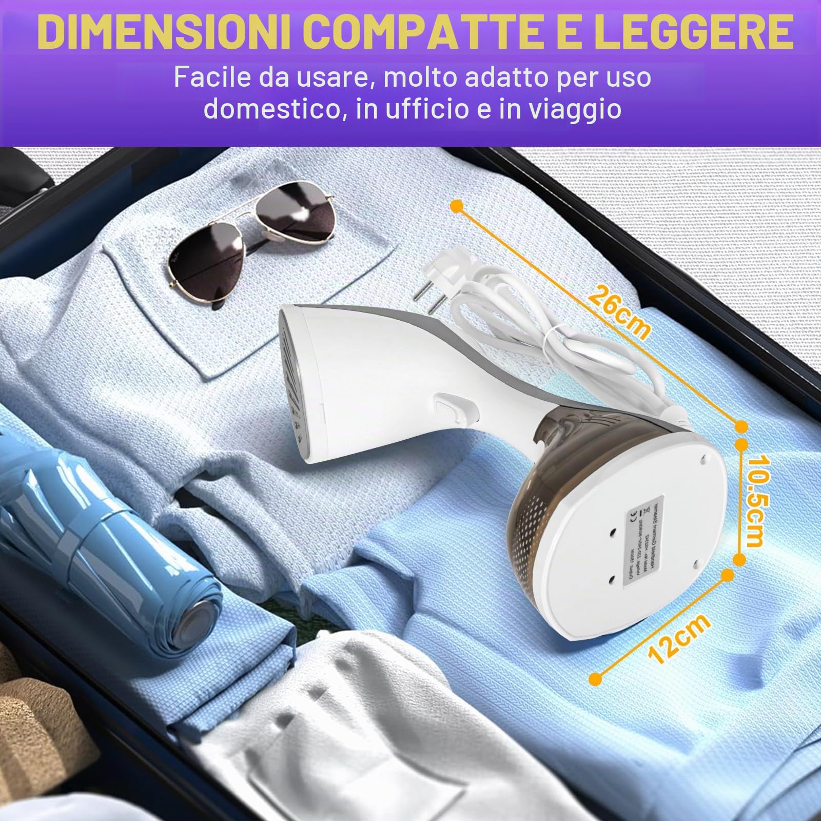 Vaporiera da 1500 W, Serbatoio Acqua 270ML, Stiratrice Verticale Portatile per Casa, Ufficio e Viaggi, Compatta e Leggera, Riscaldamento Rapido Ferro da Stiro Verticale Lunghezza Linea 1.8 M