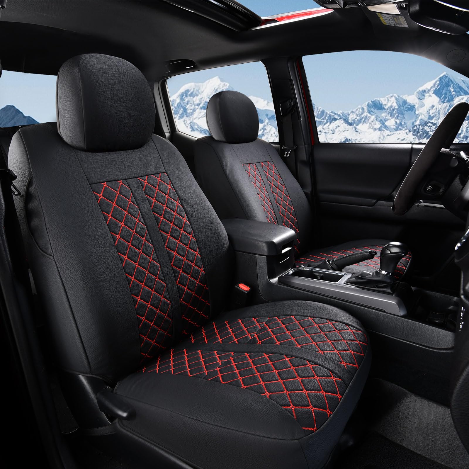 Truckiipa Toyota Tacoma Front Seat Covers, Waterproof Leather Seat Cushion Covers Fit for 4th Gen 2024-2026 Toyota Tacoma Double Crew Cab SR SR5 Limited TRD Sport/Off Road, Front Pair, Black&amp;Red