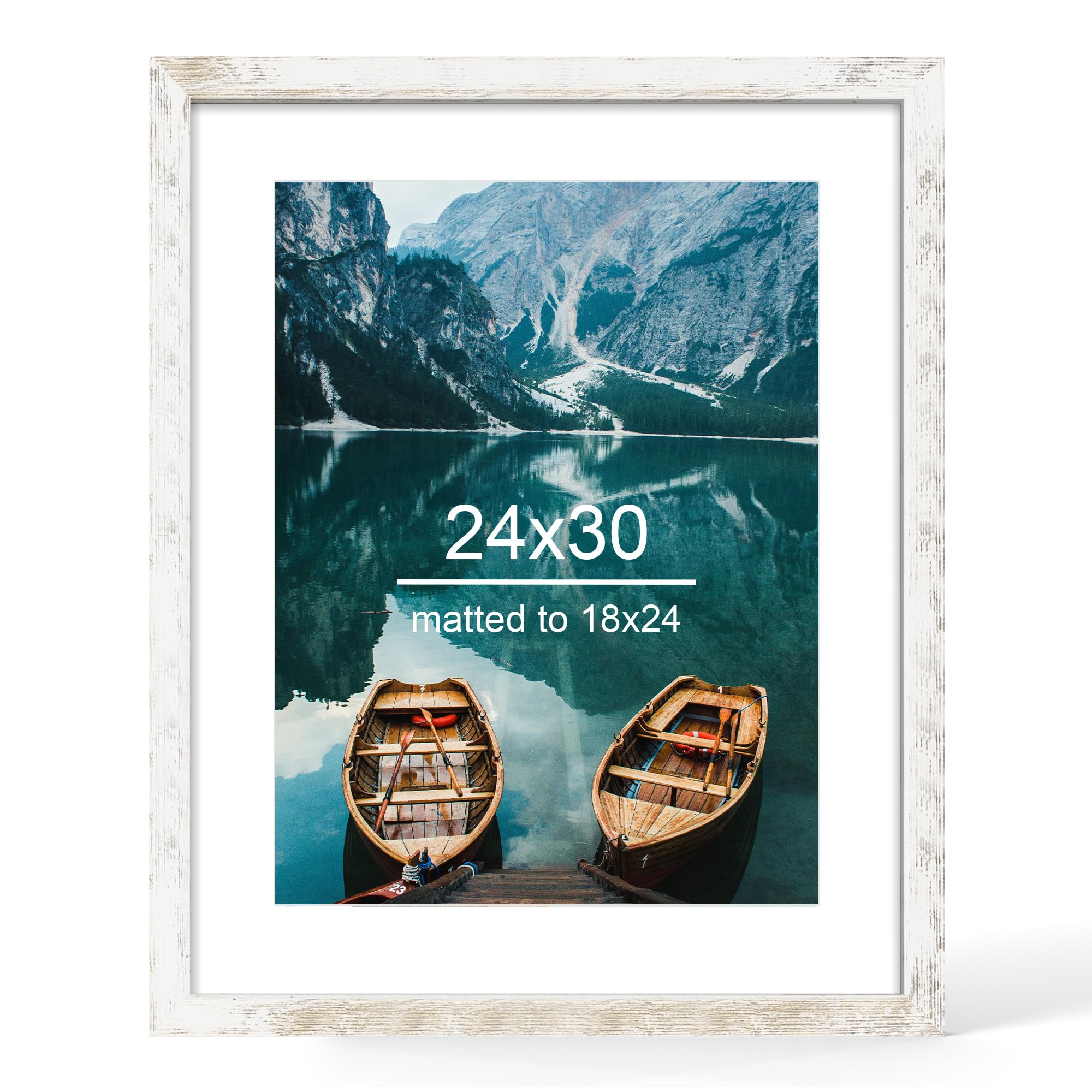 Hongkee 24x30 Frame, Distressed White Wood Style - Display Posters 18 x 24 with Mat or 24x30 without Mat, Wall Mounting Horizontal and Vertical, 1 Pack