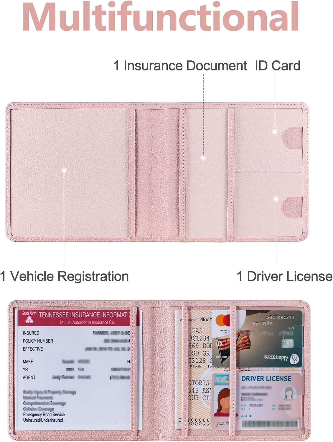 Mymazn Car Registration & Insurance Holder - PU Leather Document Holder with Magnetic Closure for Driver's License & Essential Papers, Pink